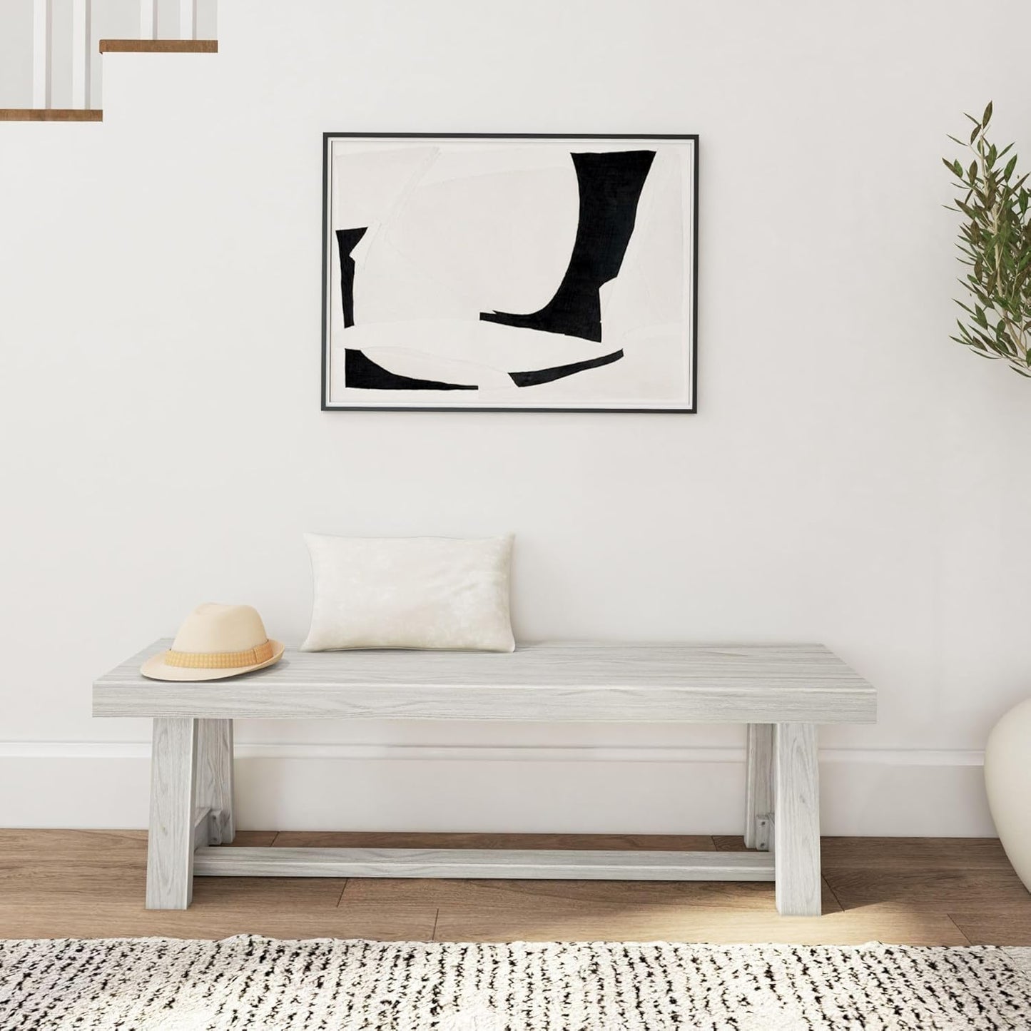 Plank+Beam 60 Inch Farmhouse Dining Bench, Solid Wood Entryway Bench, Wooden Outdoor Bench, Kitchen Dining Seat, Dining Room, Home Office, Living Room Furniture, Easy Assembly, White Sand Wirebrush