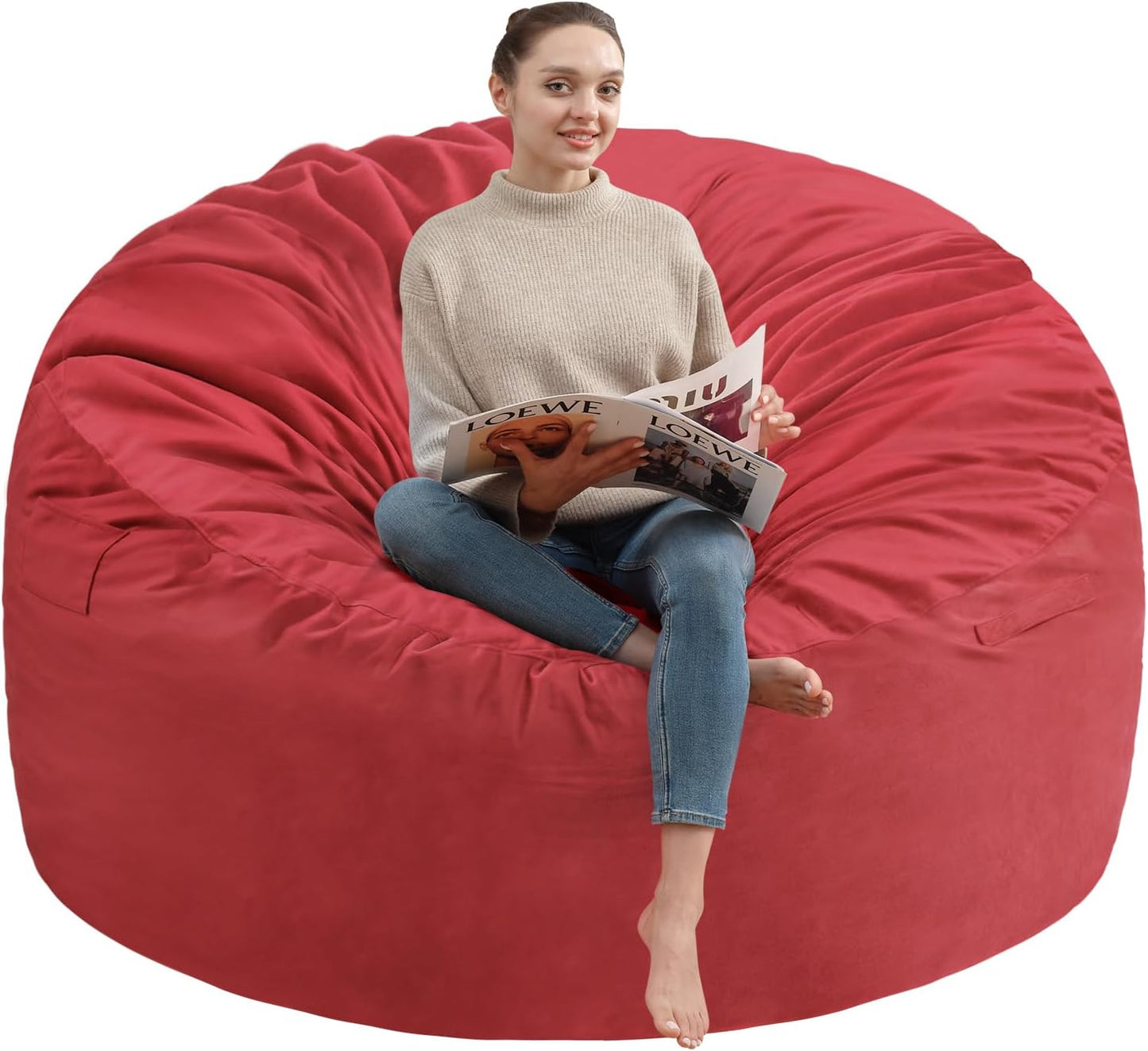 6FT Bean Bag Chair, Large Bean Bag Chairs with Memory Foam Filled, Fluffy Beanbag Sofa with Dutch Velvet Cover, Round BeanBag Chairs for Living Room, Playroom - Red