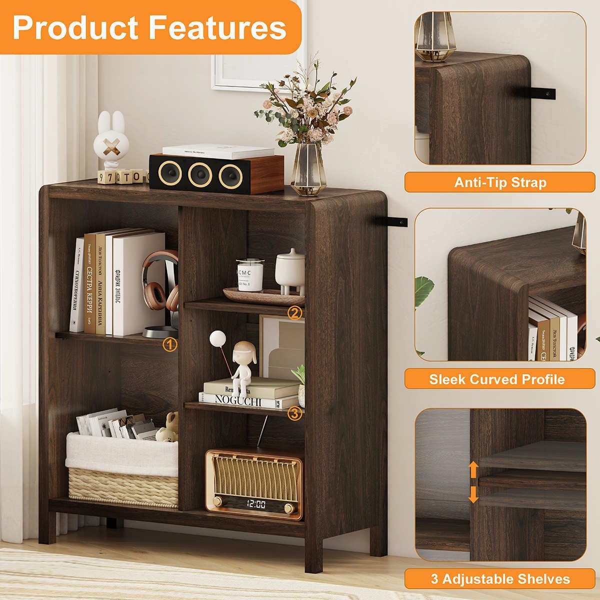 FATORRI 5 Cube Bookshelf, Wood Bookcase with 3 Adjustable Shelves, Farmhouse Cube Storage Organizer Shelf for Small Space Bedroom Living Room (Dark Walnut)