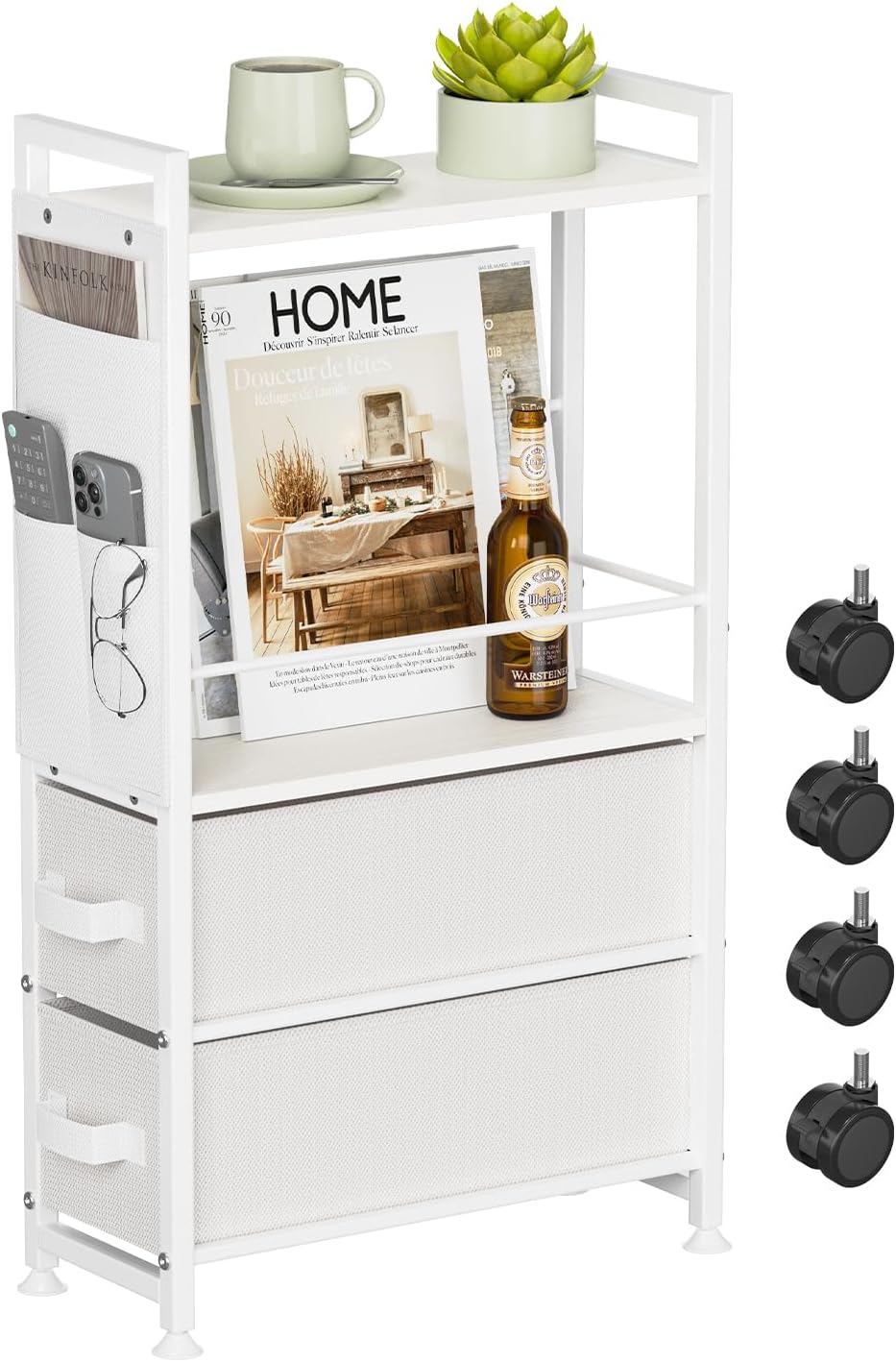 Small Narrow Side Tables for Small Spaces, Skinny Bedside End Table Nightstand with Drawers&Wheels, Slim Desk Stand Magazine Rack with Storage Bag for Sofa Living Room Couch Bedroom (White)