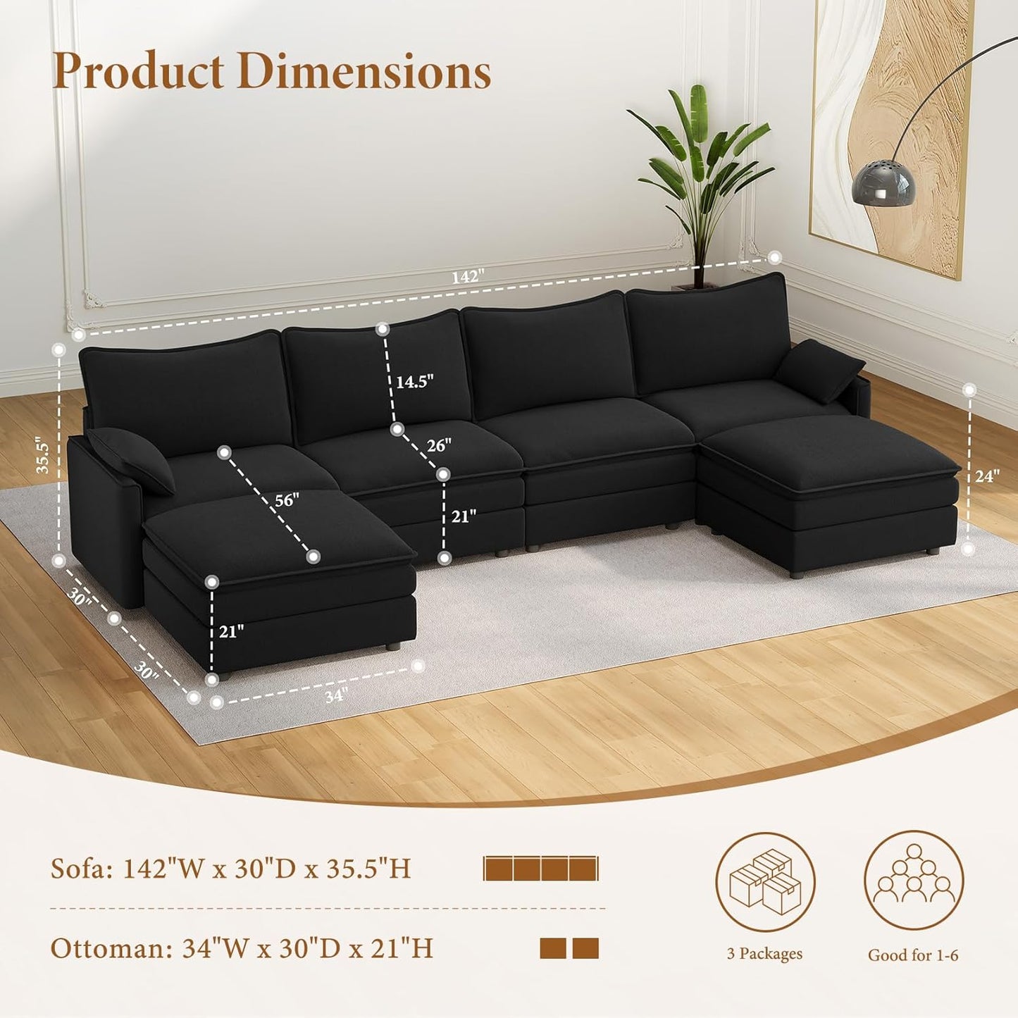 Vesgantti 142" U Shaped Sectional Couch, Comfy Cloud Modular Sectional Sofa with 2 Ottoman Deep Seat Chenille Modern Cloud Sofa, Modular Sofas for Living Room, Bedroom and Apartment, Black