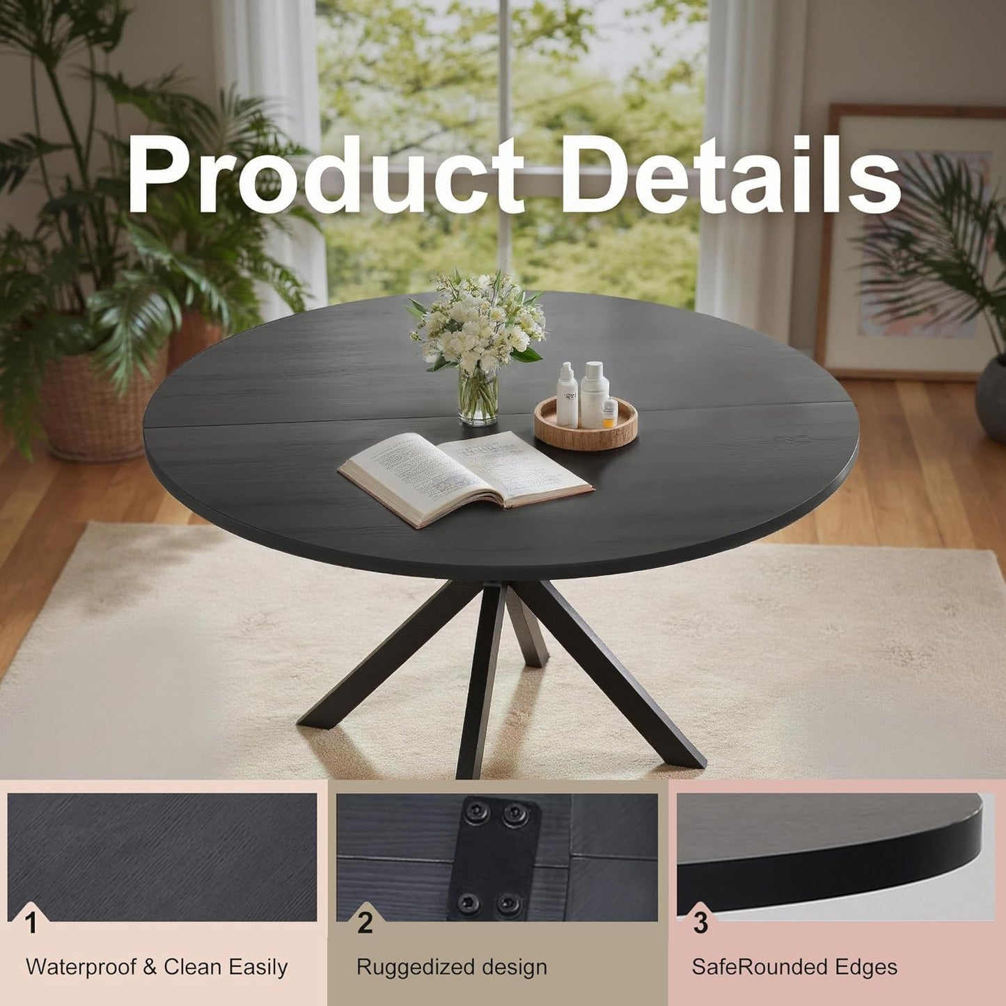 47 Inch Round Dining Table for 4, Modern Round Dinner Table Small Mid Century Dining Room Tables, Leisure Kitchen Tables for Small Space, Kitchen, Living Room, Steel Legs, Black