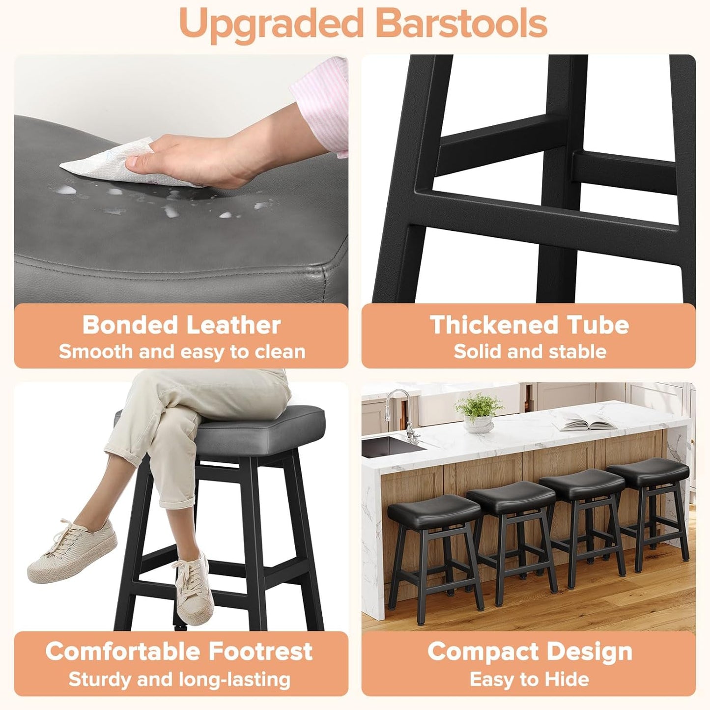 Counter Height Bar Stools Set of 3, 24 Inch Barstools for Kitchen Counter, Kitchen Stools with Bonded Leather Saddle Seats & Heavy Duty Metal Legs, Easy Assembly, Gray/Black