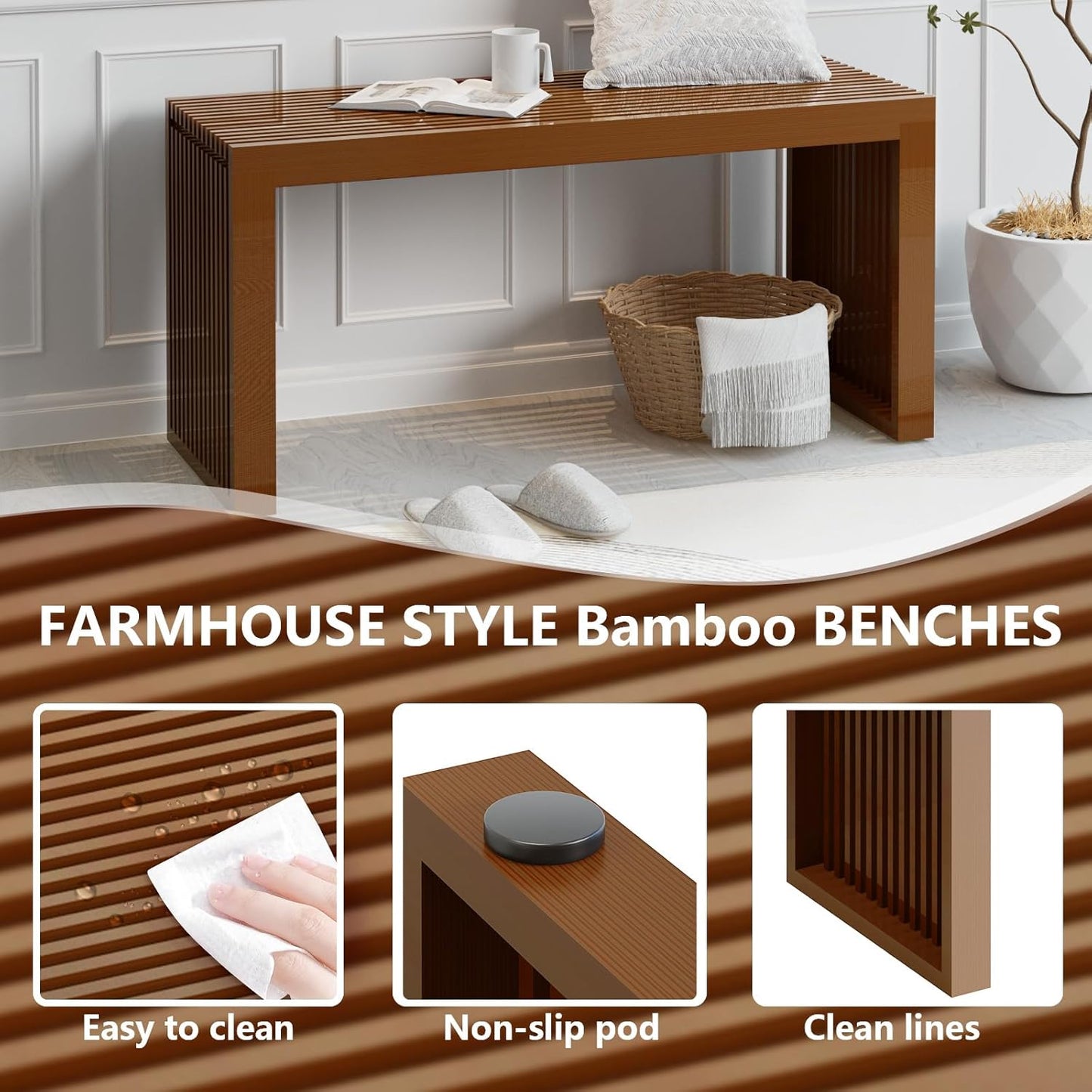 Bamboo Dining Bench Indoor Long Entryway Shoe Rack Bench,Outdoor Modern Wood Benches 35 Inch Bamboo Bench for Living Room Hallway Bedroom Bathroom