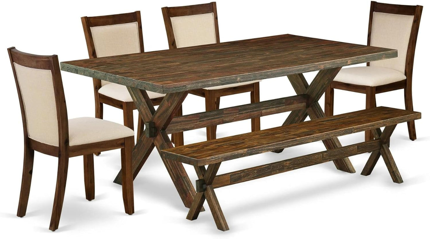 East West Furniture X777MZN32-6 6 Piece Dining Table Set Contains a Rectangle Kitchen Table with X-Legs and 4 Light Beige Linen Fabric Parson Chairs with a Bench, 40x72 Inch, Multi-Color