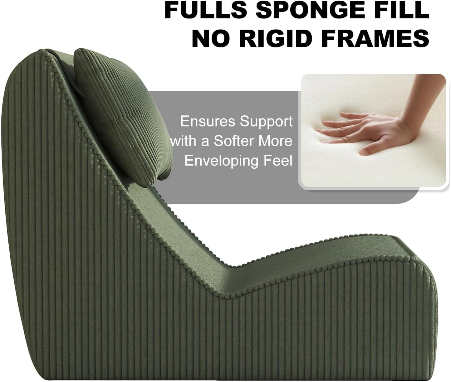 Giant Bean Bag Chair for Adults,Corduroy Chaise Lounge with Unrivaled Back Support, Detachable Neck Pillow, Comfortable Ottoman & Washable Cover for Living Room, Bedroom, Garden (Olive green)