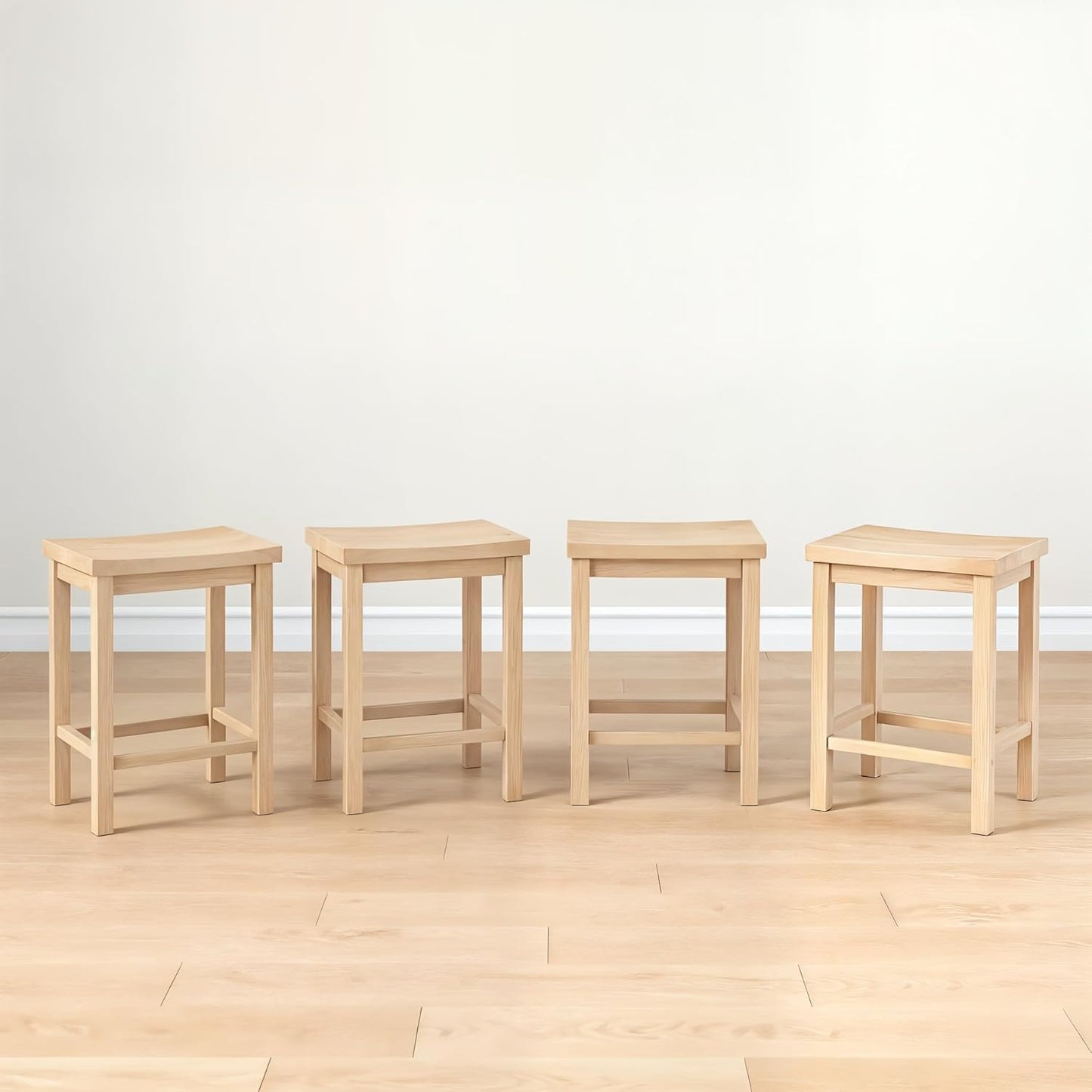 Grain & Grove Smith Collection Set of 4 Solid Wood Counter Height Bar Stools, 24-Inch Saddle Seat Backless Stools, Ideal for Kitchen Island, Dining, or Home Bar Seating, Blonde