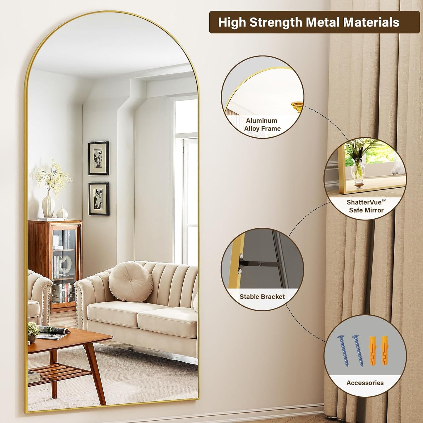 78"x38" Arched Full Length Mirror with HD Real Glass, Aluminum Frame, Shatter-Resistant, Wall Mounted or Standing, Gold Floor Mirror for Bedroom & Dressing Room