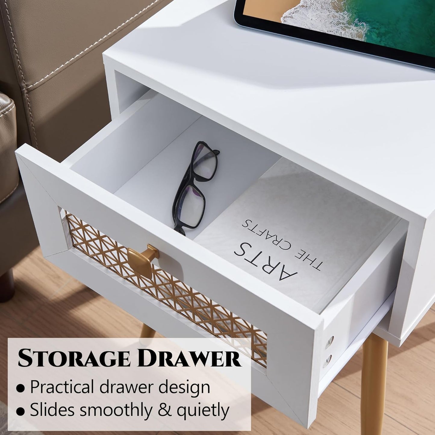 Modern Style Side Table, End Table with Drawer for Living Room, Square Wooden Small Nightstand, White