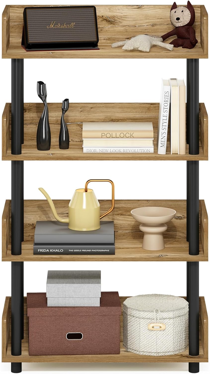 Furinno Turn-N-Tube 4-Tier Multipurposes Display Rack, Open Shelf Rack/Storage with Back & Side Panel, Flagstaff Oak/Black