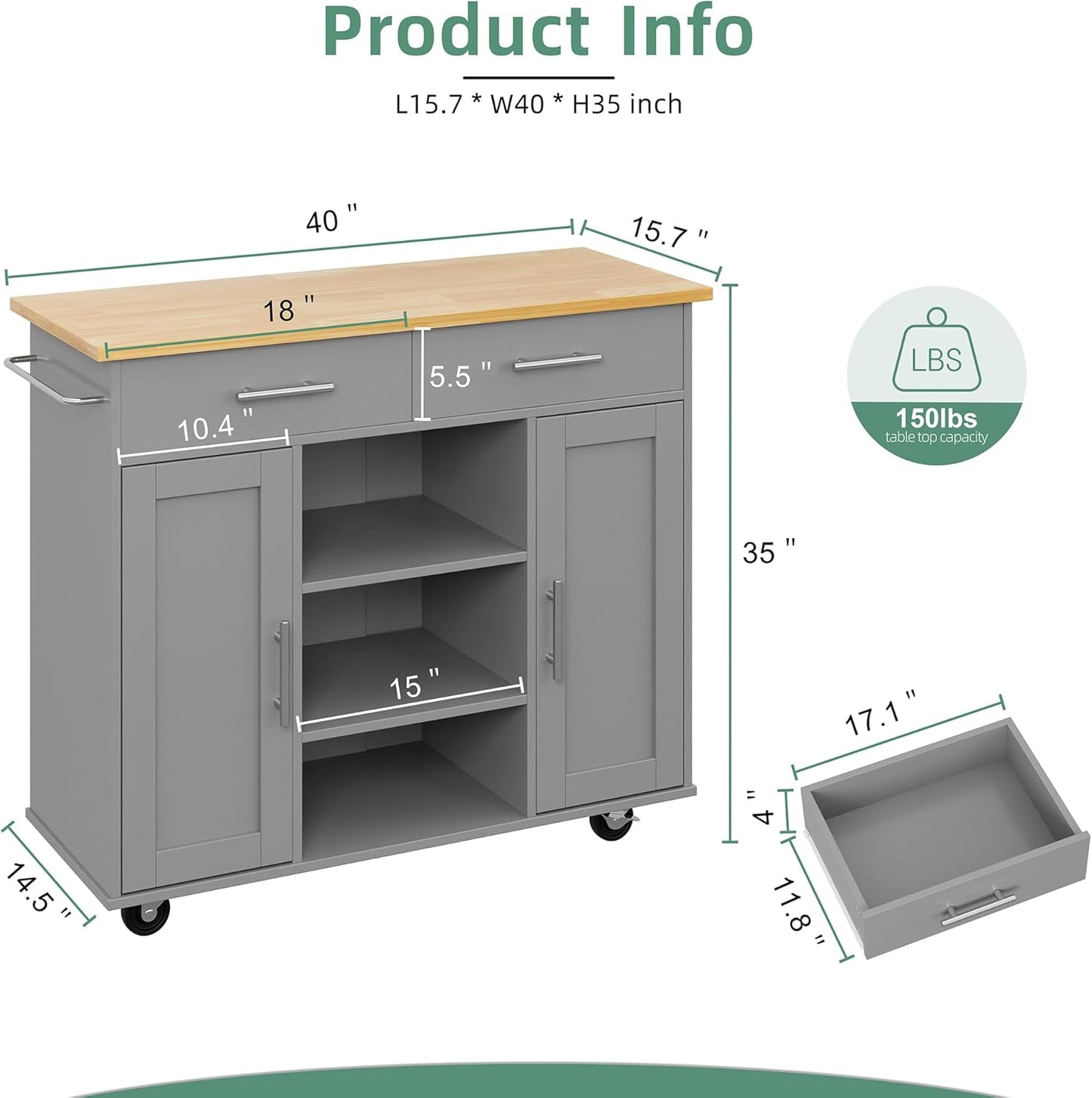 Shintenchi Kitchen Island with Storage, Kitchen Island Cart on Wheels with 3 Open Shelves, 2 Drawers and 2 Cabinets, Rolling Kitchen Table with Large Countertop, Gray