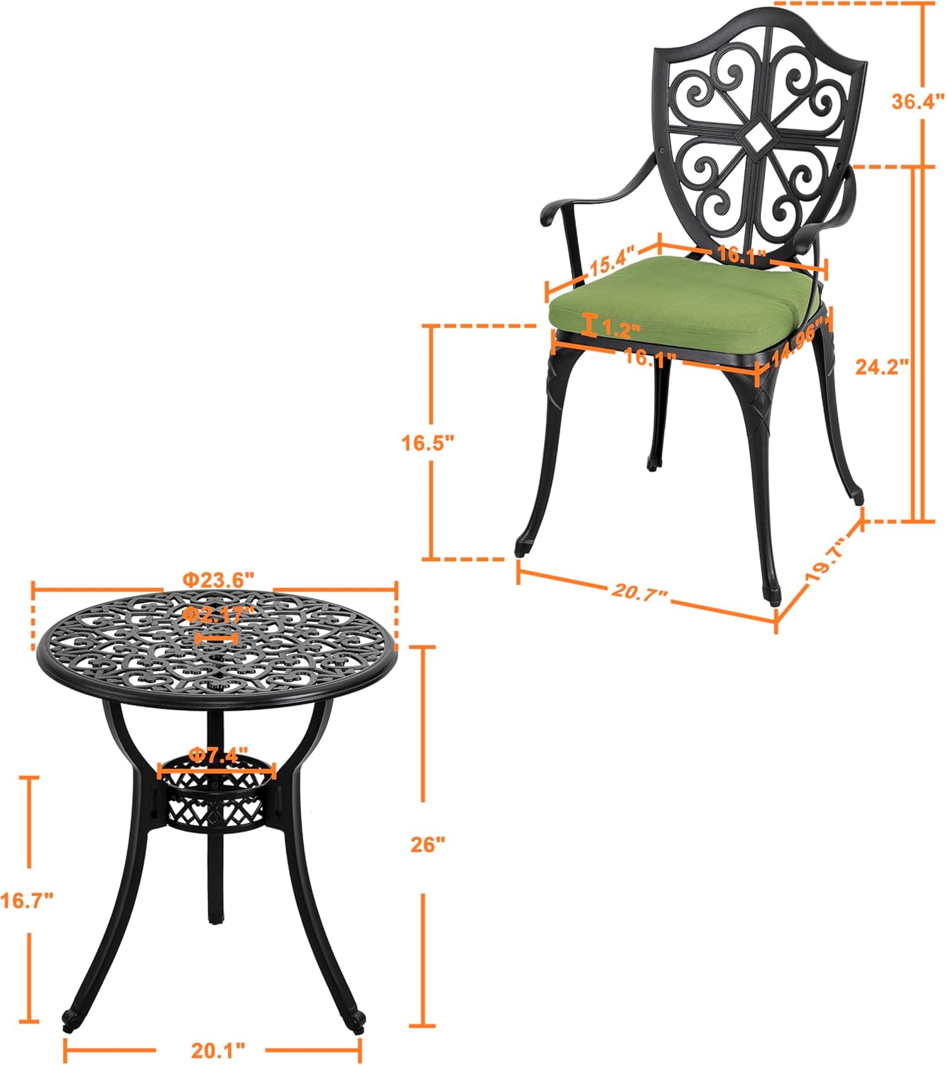 NUU GARDEN 3 Piece Outdoor Bistro Set Cast Aluminum Patio Set Bistro Table Set Rustproof Patio Table and Chairs with Umbrella Hole and Green Cushions for Backyard, Balcony, Porch, Black