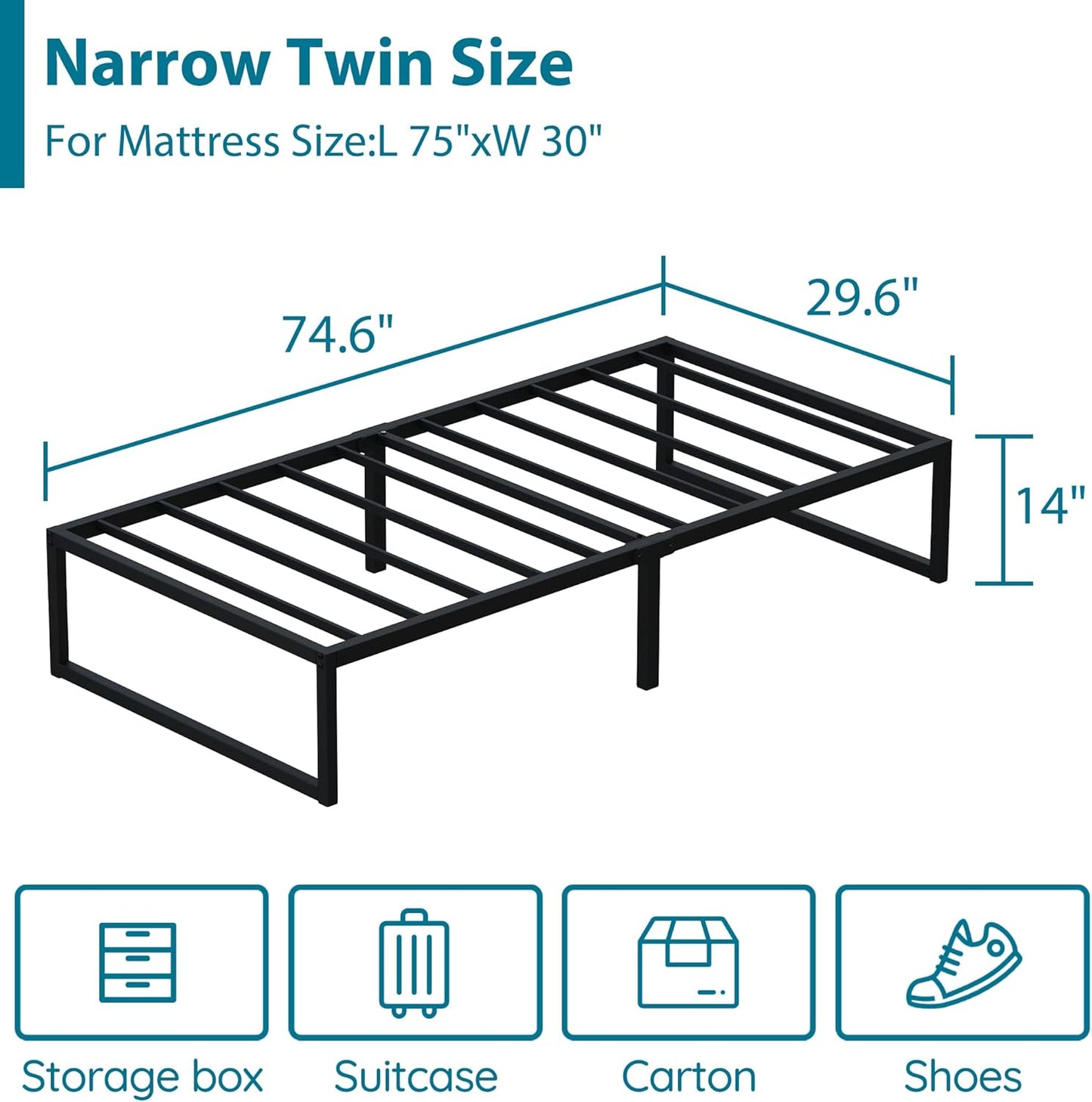 EMODA 14 Inch Narrow Twin Bed Frame 30x75, Heavy Duty Metal Platform No Box Spring Needed, Easy Assembly Noise Free, Black