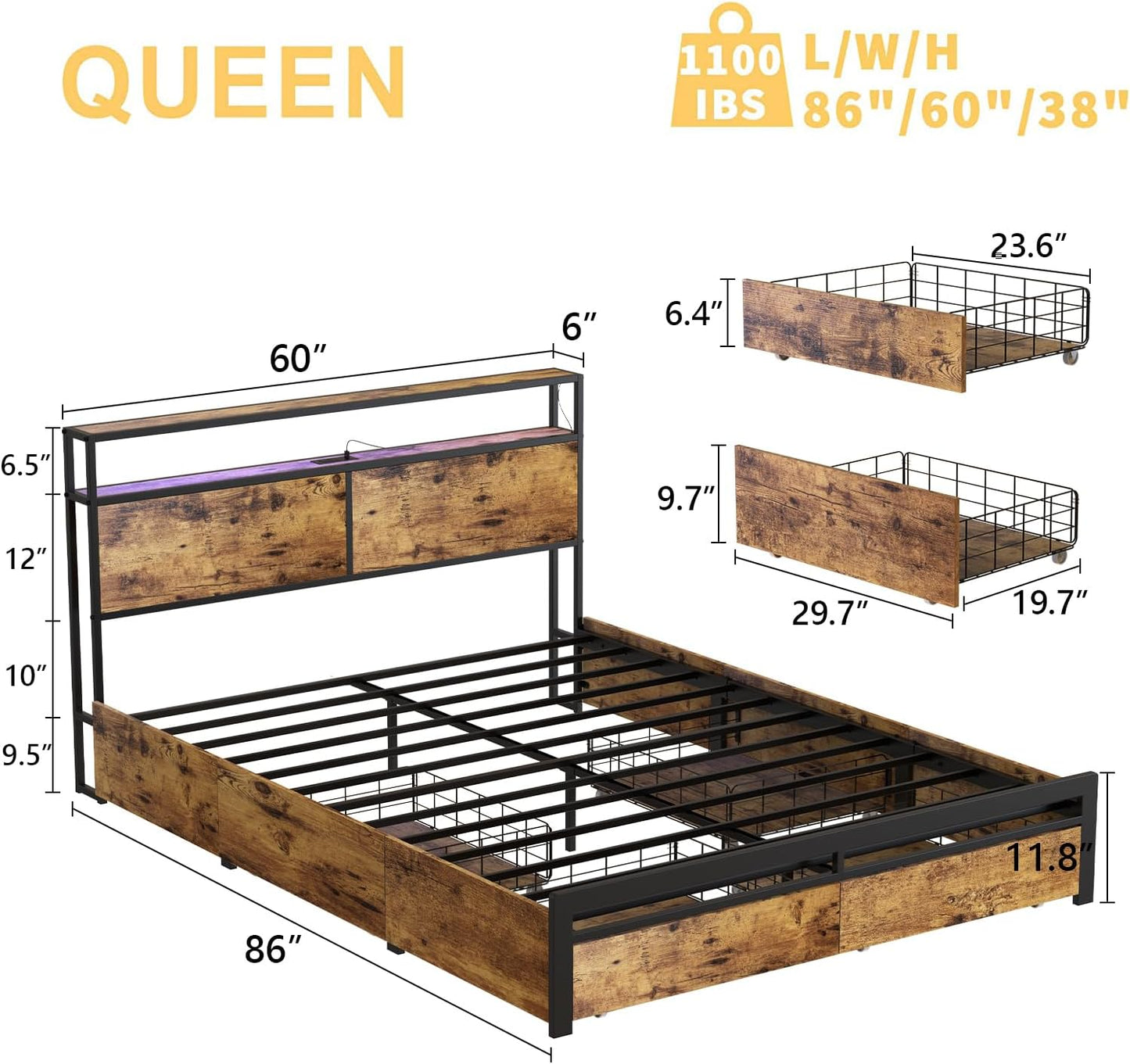 Queen Bed Frame with Storage Headboard and 4 Drawers LED Lights Metal Platform Non-Slip Without Noise Mattress Foundation Strong Metal Slats Support No Box Spring Needed