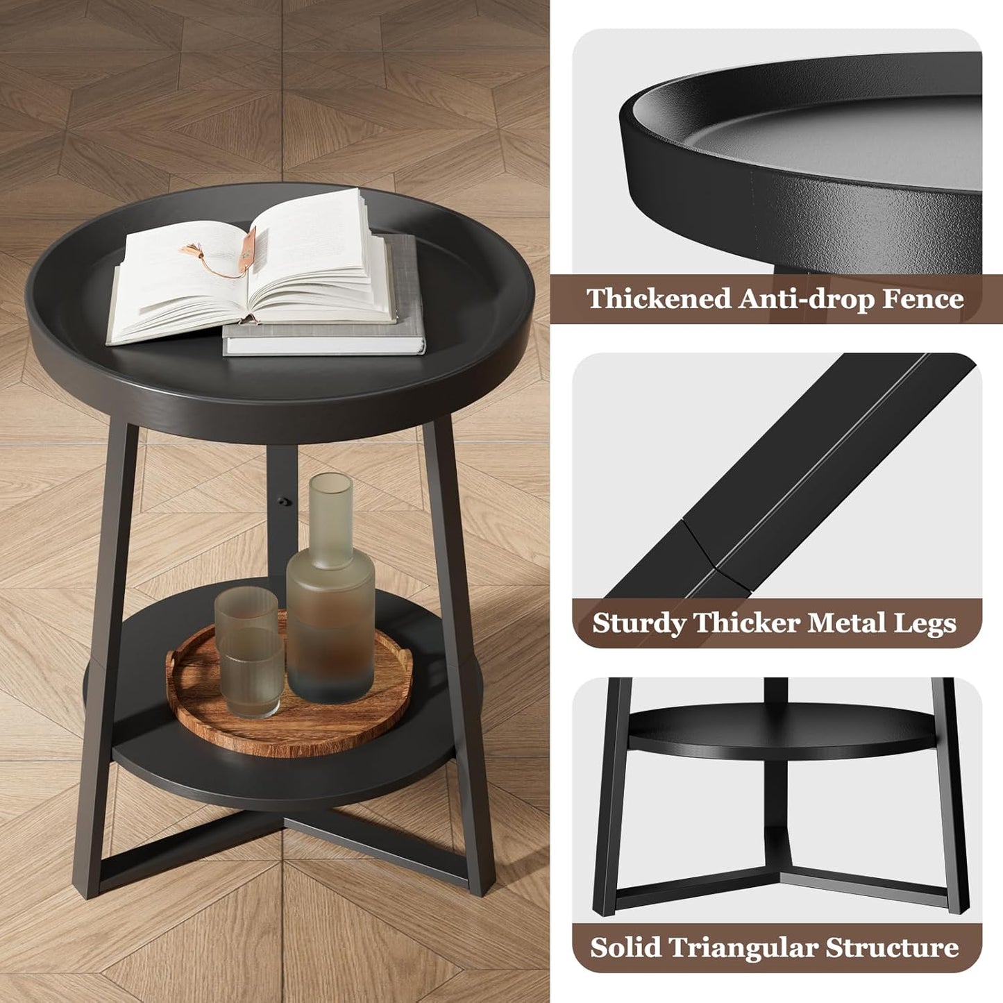 Gadroad Round End Table with Storage Shelf, 2 Tier Farmhouse Side Table Nightstand for Living Room, Bedroom, Wood Tabletop & Black Metal Frame, Black 15.7 * 15.7 * 23.0inches