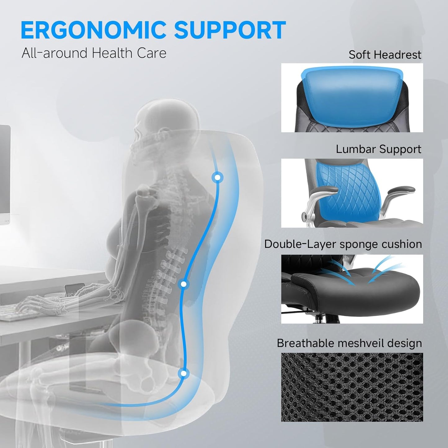 COMHOMA Big and Tall Office Chair, High Back Leather Executive Chair with Pocket Spring Lumbar Support and Flip-up Armrests, Swivel Managerial Office Chair with Adjustable Height， Black