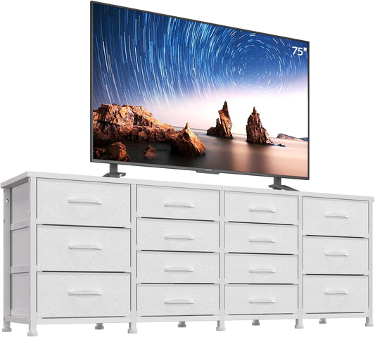 63 Inch TV Stand Dresser for Bedroom, Long White Dresser with 14 Fabric Drawers for 65 70 75 Inch TV, Entertainment Center with Storage Media TV Console Table