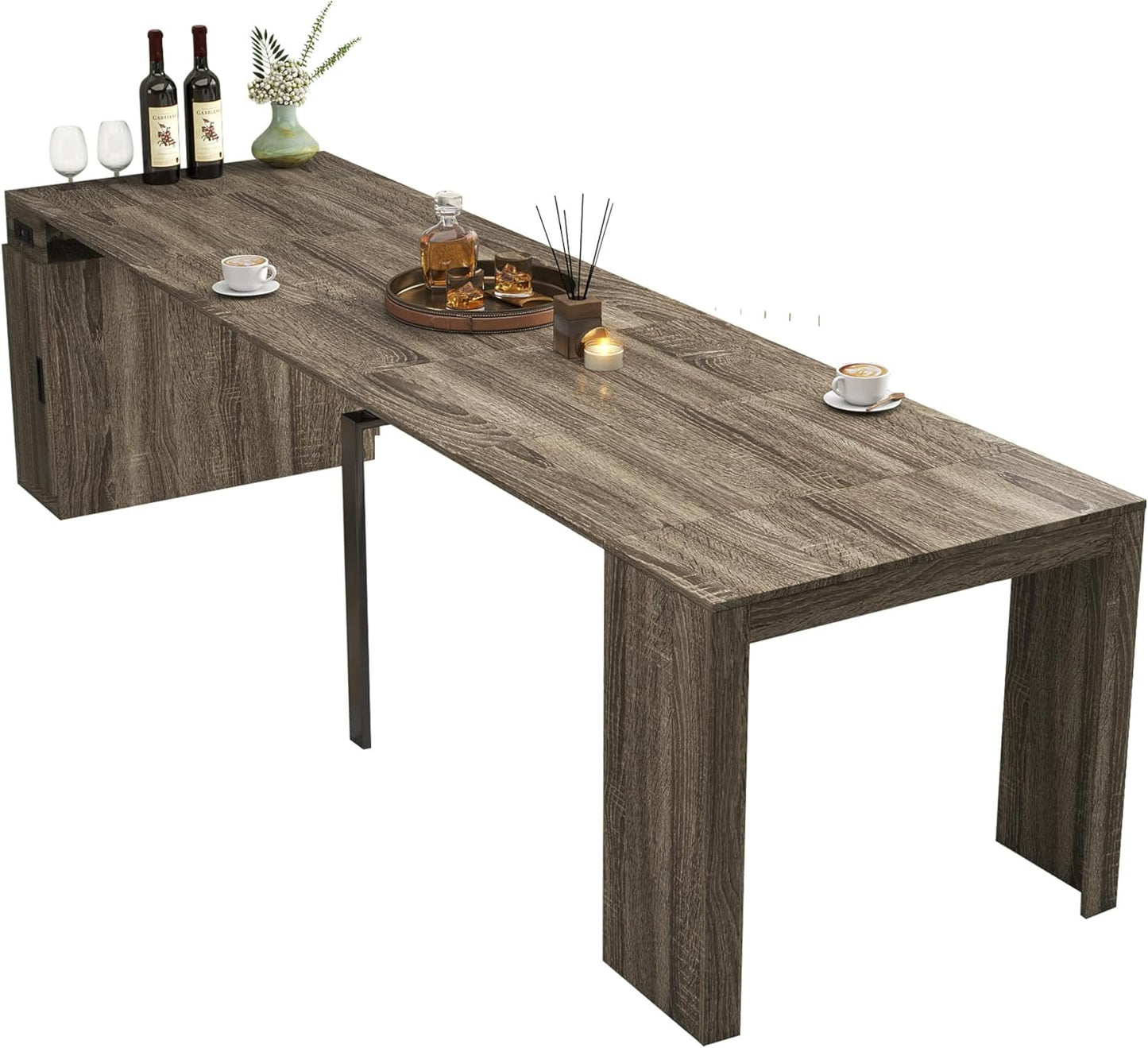 Expandable Dining Table, Convertible Table for Dining Room, Kitchen and Small Spaces, for 2-10 People(with Storage Cabinet and Outlet), Barnwood Brown