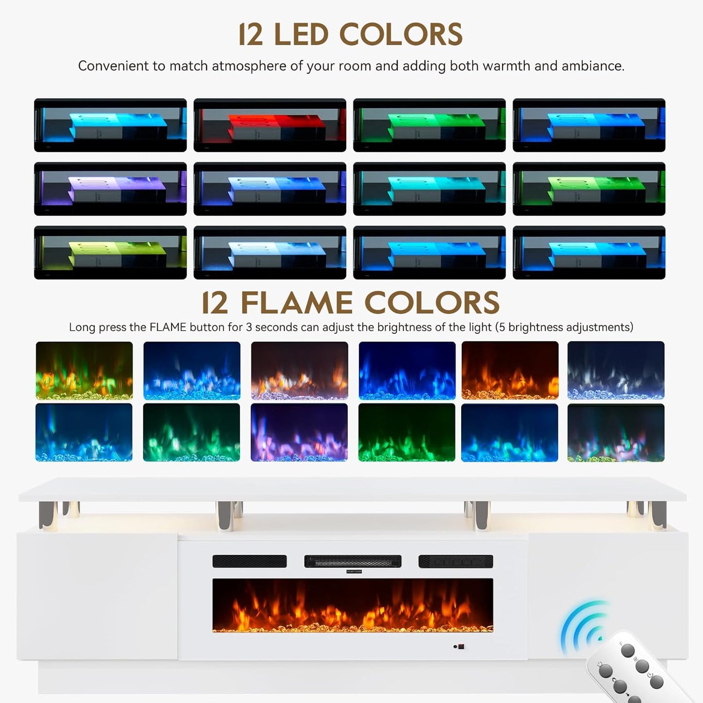 70" TV Stand for Living Room, Entertainment Center & Media Console with Storage, Fits TVs up to 80", Modern TV Cabinet with Shelves, 36" Electric Fireplace (All White)