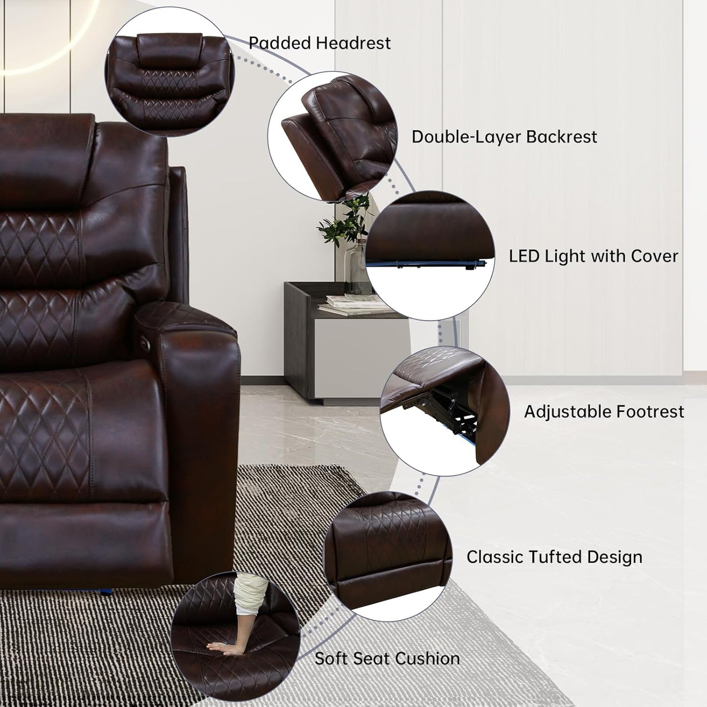 3+2+1 PU Leather Power Sectional Sofa Set, Living Room Furniture, Reclining Couch, Loveseat, Chair with LED Lights/USB Ports/Storage Console/Cup Holders/Wireless Chargers/Coffee Table for RV Theater