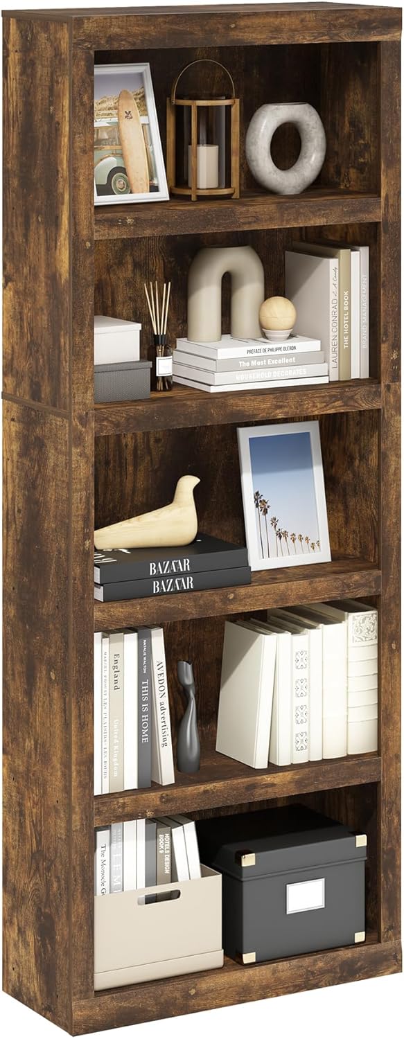 Furinno Rail 5-Tier Open Shelf Bookcase with Classic Style Edges, Amber Pine