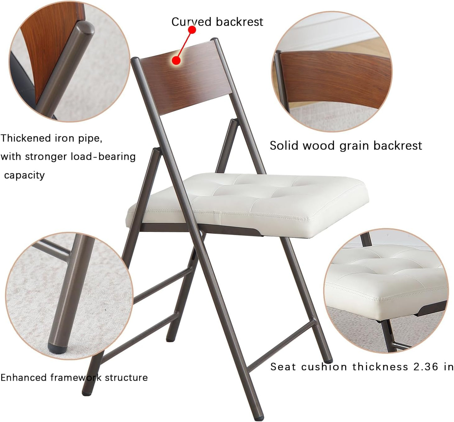 2 Pack Folding Chairs with Thick Padded Seat,Heavy Duty Steel Frame Foldable Dining Chairs with Soft Cushion Set of 2,Portable Indoor Outdoor for Home Kitchen,Office,Events,Wedding(White)