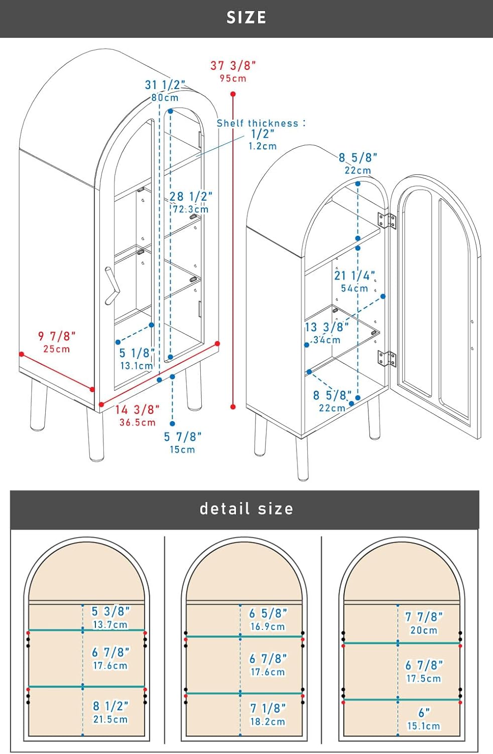 PaletteLife Arched Figurine-Case 4 Tier Collection Shelf, Oak Wood Grain with Glass Door and 2 Movable Glass Shelves, No Mirror, White, PT-621WH
