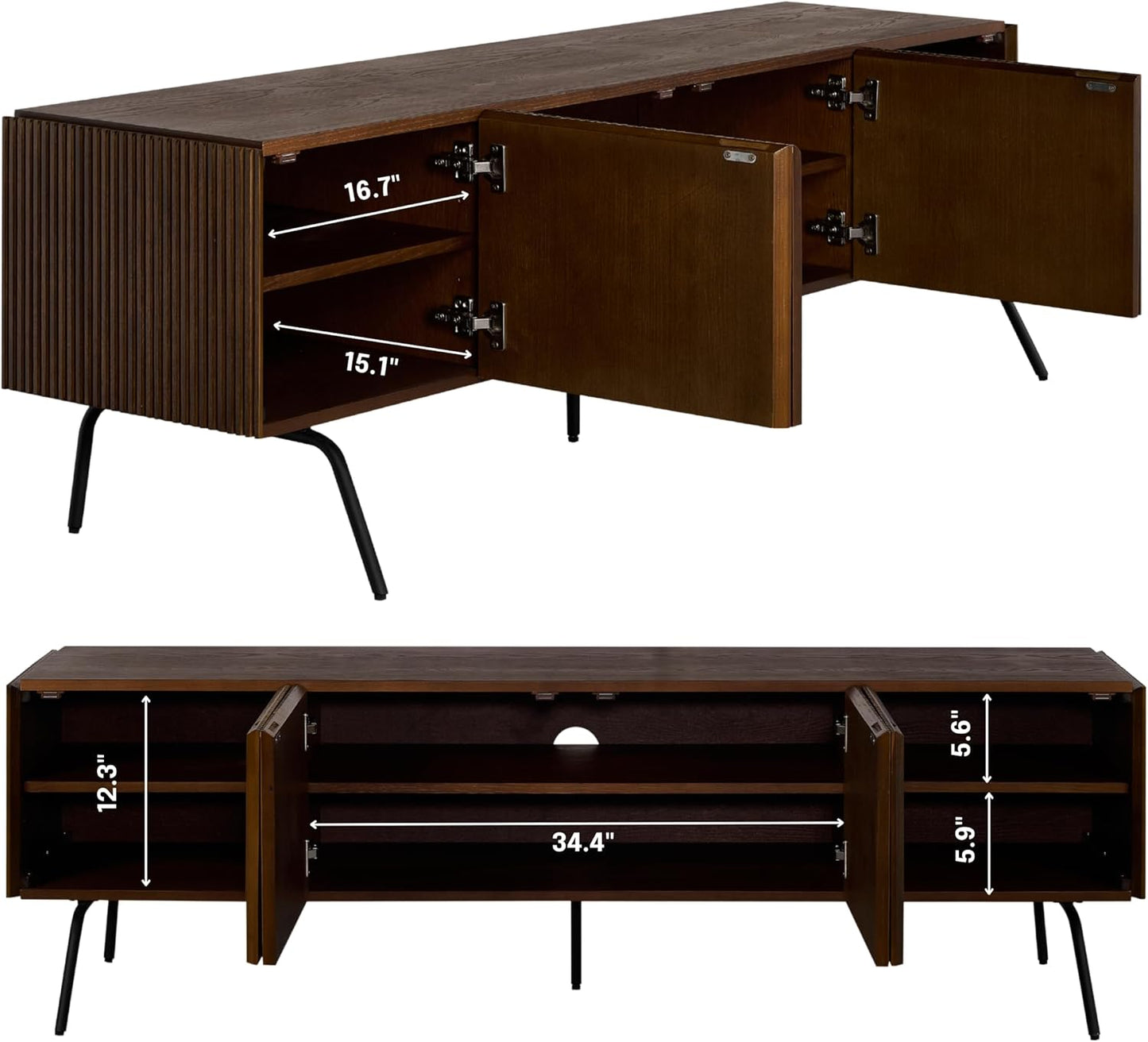 NTC Veil TV Stand with 4 Doors for TVs up to 75’’, Media Console with Vertical Groove Design and Metal Legs, Modern Entertainment Center for Living Room and Bedroom, Effortless Assembly, Dark Walnut