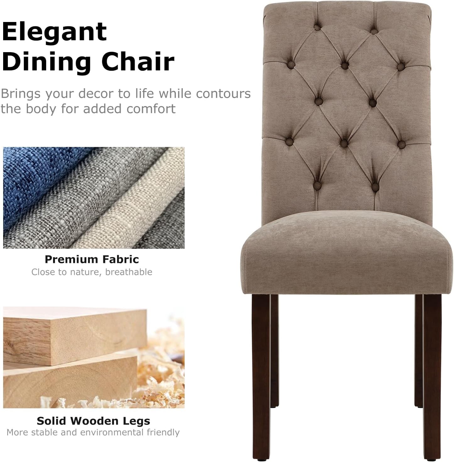 COLAMY Button Tufted Dining Chairs Set of 6, Parsons Upholstered Fabric Dining Room Chairs Kitchen Chairs with Wood Legs and Padded Seat, Taupe