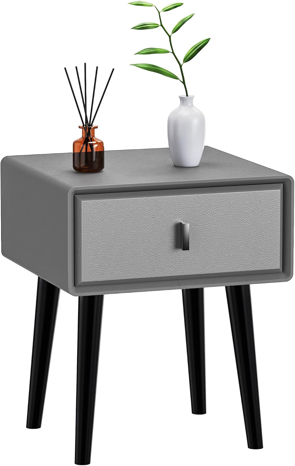 VICITON Modern Faux Leather Nightstand, Solid Wood Drawer, with 4 Wood Legs, Small Side End Table for Bedroom (Light Gray)