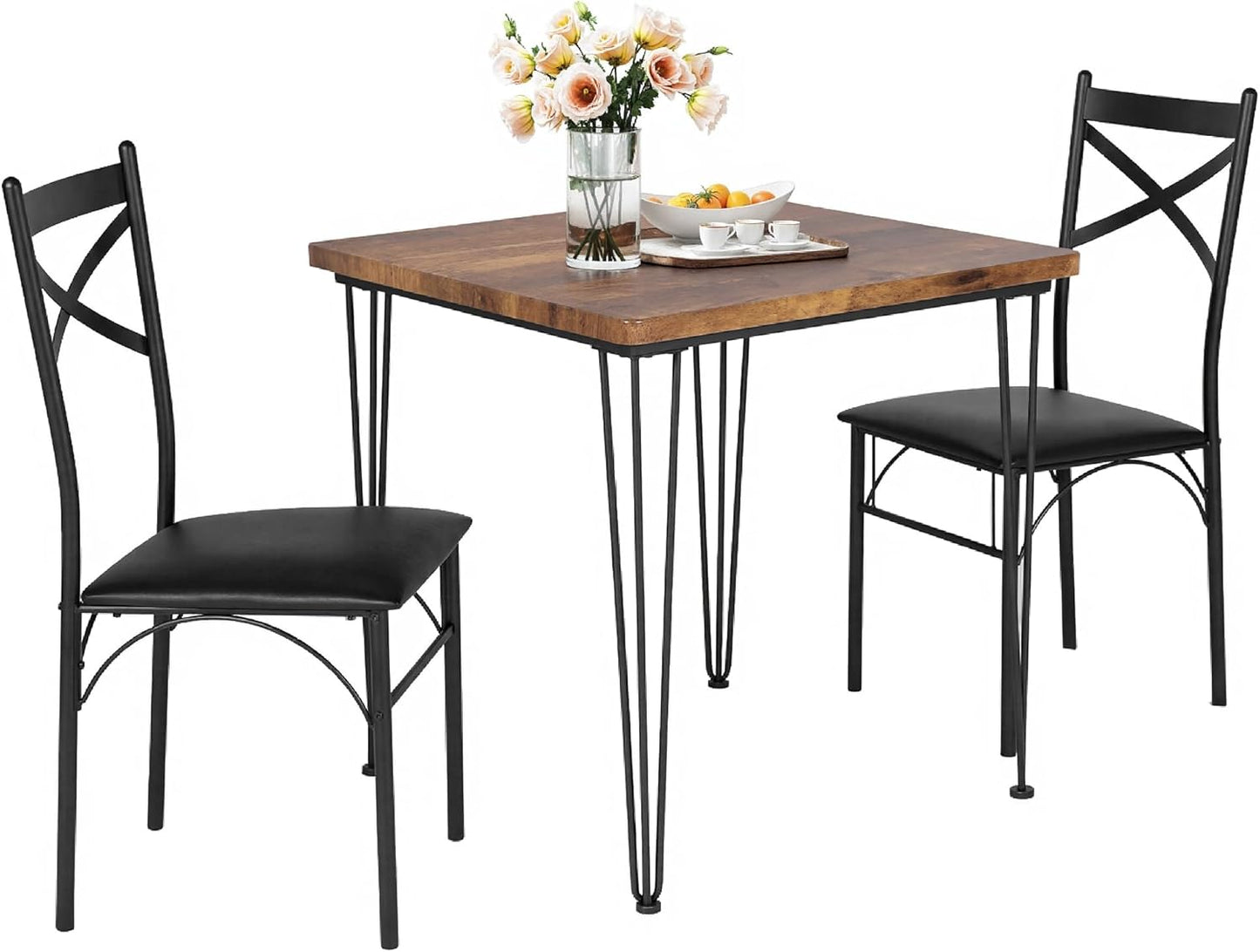 VECELO Kitchen Dining Room Table Set with 2 Chairs for Small Space, Apartment,Metal Steel Frame