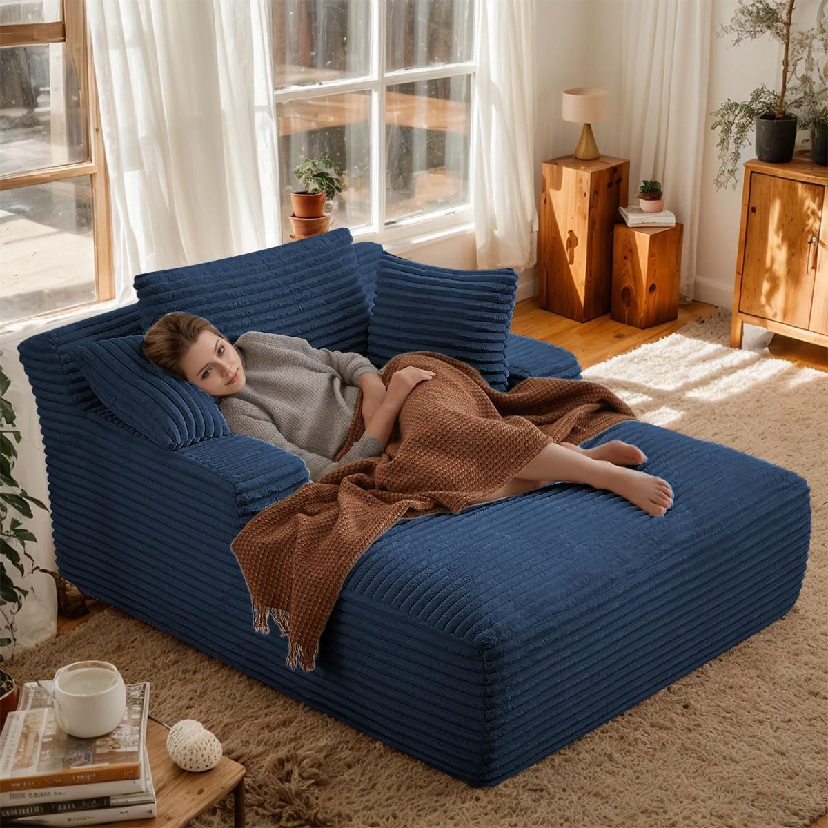 Oversized Chaise Daybed Lounge Sleeper Chair Sofa Bed Indoor, Fluffy Corduroy Upholstered Sleeper Recliner Sofabed Full Foam Boneless Cloud Sofabed W/3 Pillows for Home/Apartment Living Room Bedroom