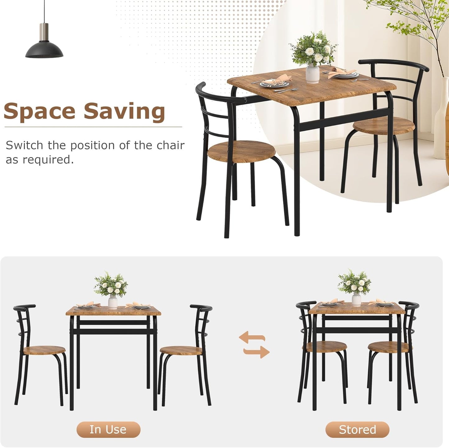 VECELO 3 Piece Dining Table & Chairs Set for 2, Metal and Wooden Square Kitchen Dinette Set for Small Space, Breakfast Nook, Saving Space, Brown