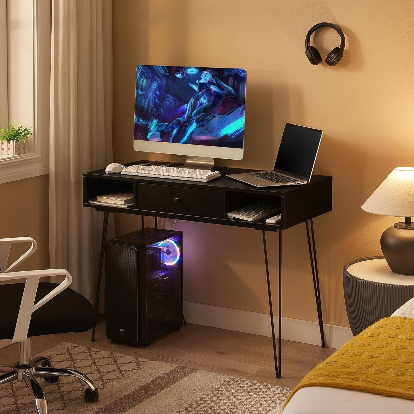 VECELO 39.3" Home Office Work Table with Drawers,Computer Desk with Hairpin Leg for Writing/Study,Classic Black