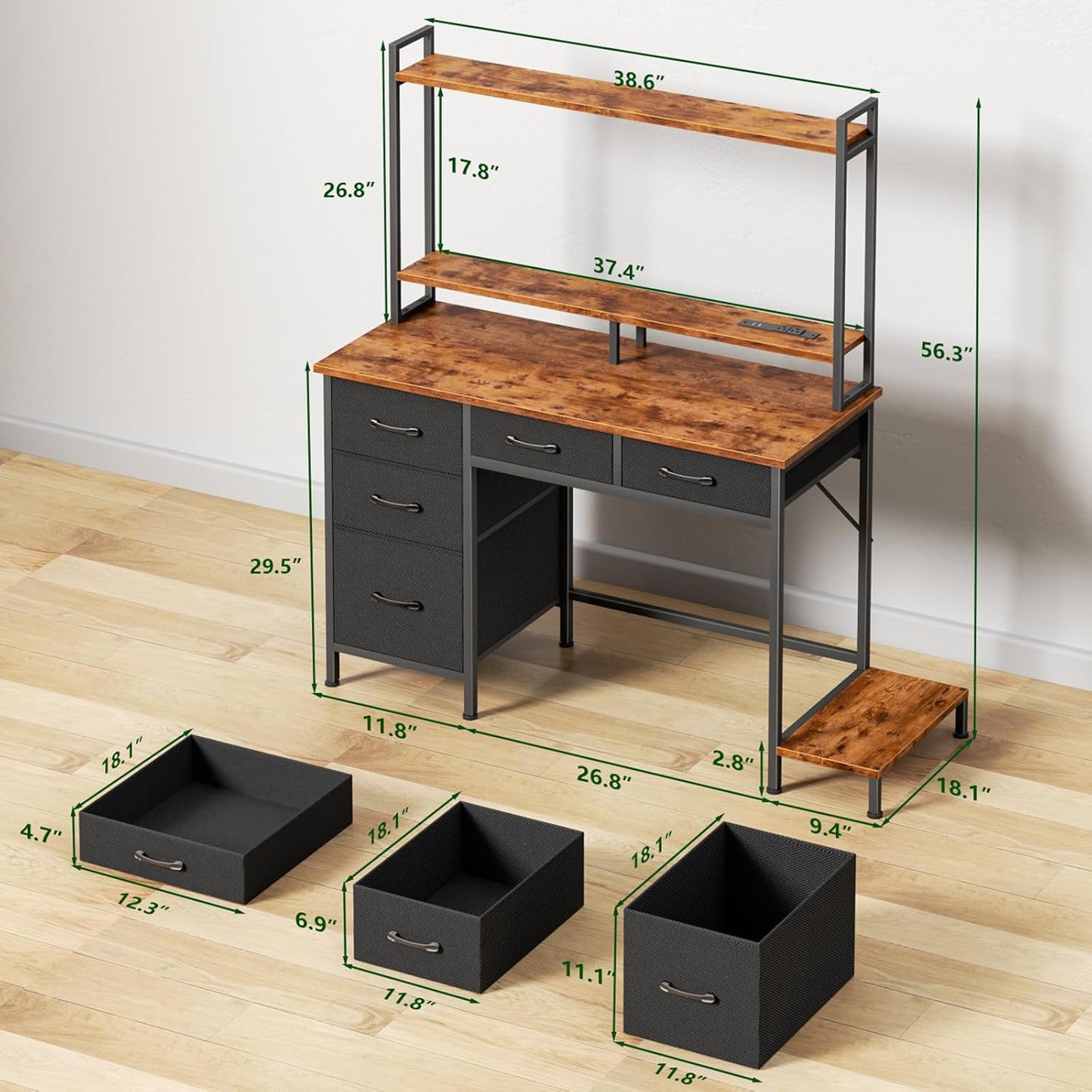 Computer Gaming Desk with Hutch, Home Office Desk with Power Outlets, LED Light, 5 Storage Drawers, 2 Tiers Shelves for Display, 39 Inch Modern Study Writing Table for Bedroom, Rustic Brown