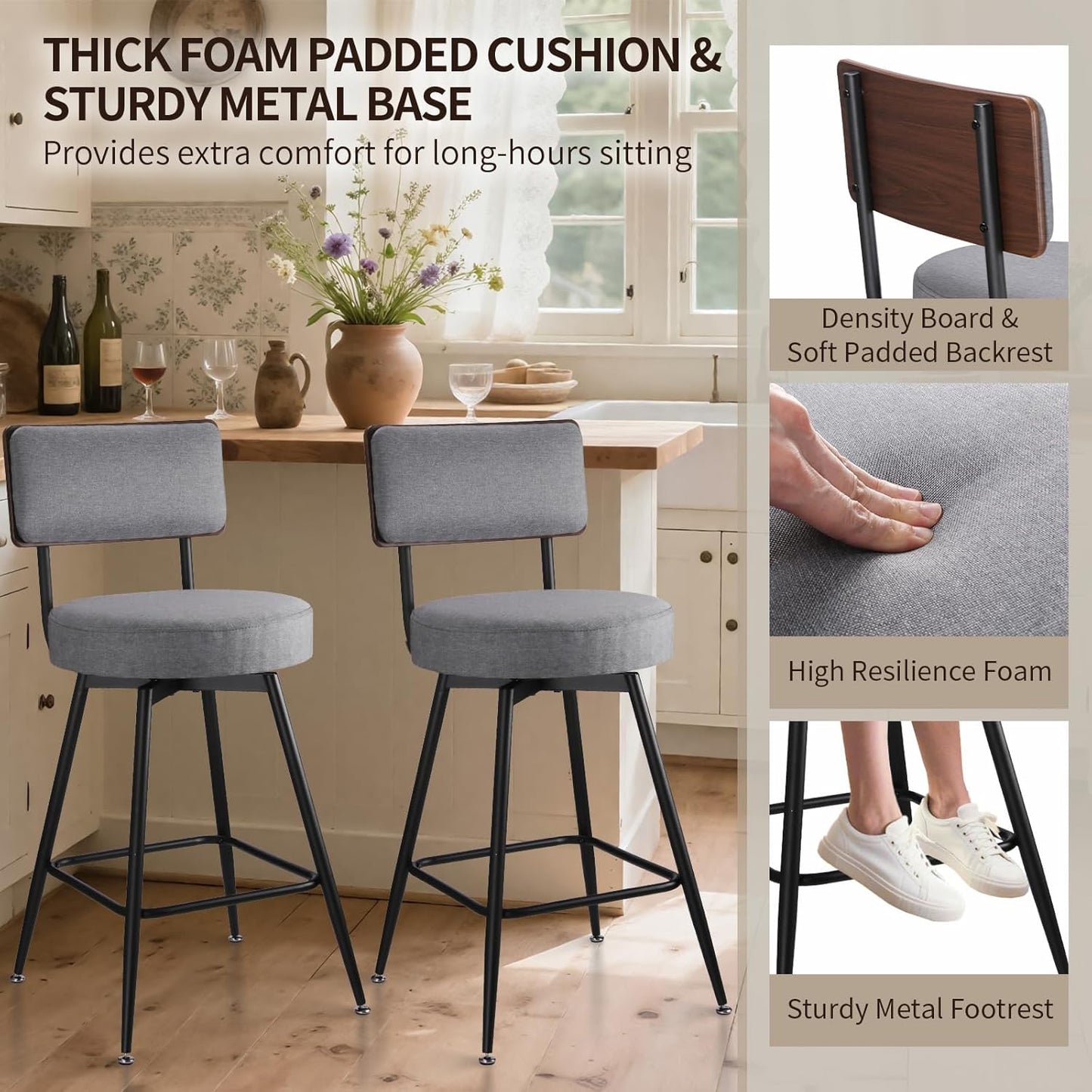 Counter Height Bar Stools, 25" Swivel Bar Stools Set of 2, Round Swivel Bar Chair, Fabric Upholstered Barstools with Metal Leg, Stool for Kitchen Counter Island, Dark Grey