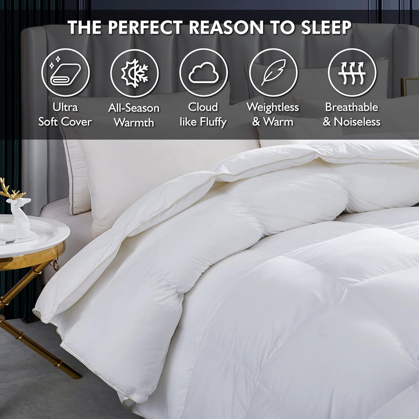 Luxurious White Solid Heavy Weight, Queen Size Goose Feathers Down Comforter for Winter Weather Duvet Insert, Premium Baffle Box, 100% Egyptian Cotton Cover, 65 oz. Fill Weight