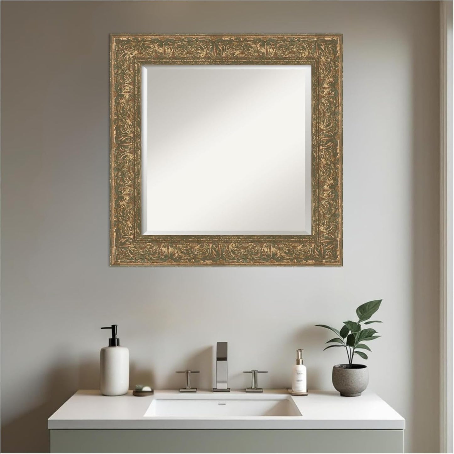 Amanti Art Bronze Bathroom Mirror for Over Sink, 27x27 Luxe Bronze Gold Square Vanity Mirror, Medium Traditional Frame, Hangs Horizonally and Vertically, Bathroom Wall Decor, Beveled Edge