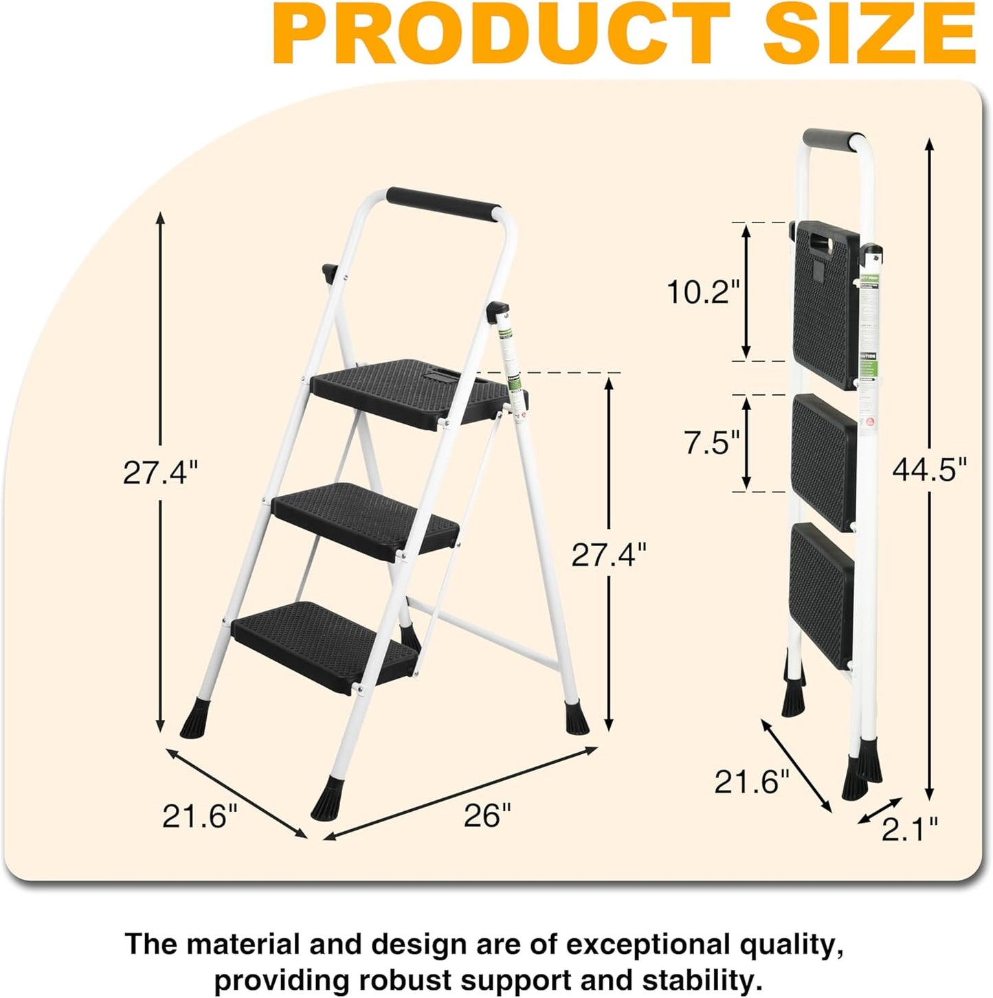 3 Step Ladder, Portable Steel Folding Step Stool with Wide Anti-Slip Pedal & Convenient Handgrip, 500lbs Sturdy Steel Ladder, White
