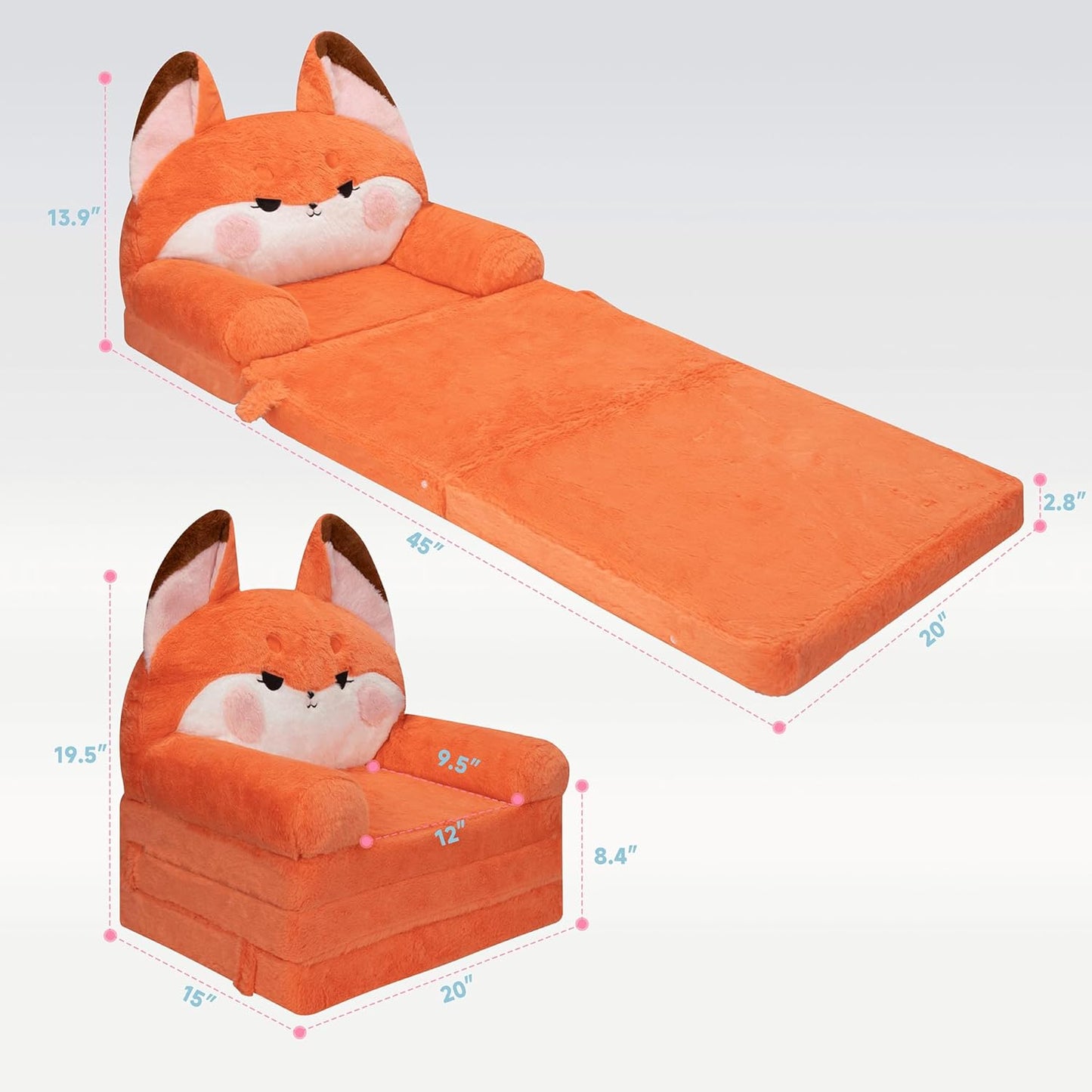 MONKISS Kids Couch, Comfy Toddler Chair, 2 in 1 Fold Out Kids Sofa to Lounger, Baby Sleeper Chair, Toddler Furniture, Birthday Gifts for Boys and Girls, 1~4 Years Old, Cute Fox