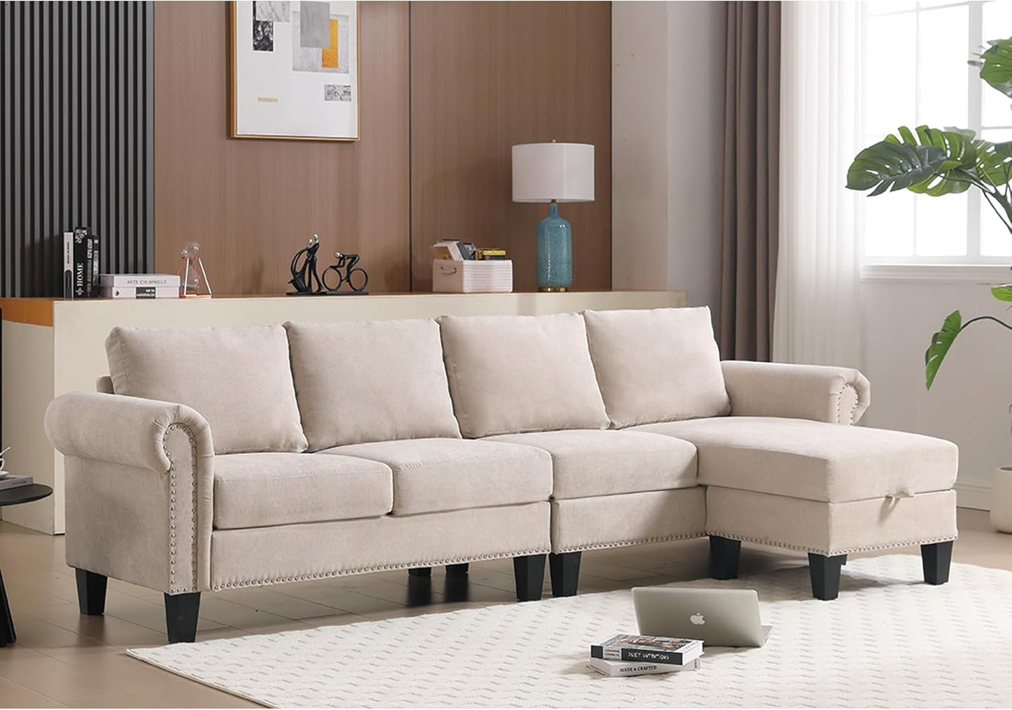 Ball & Cast 106" Convertible Sectional Sofa with Storage Chaise, Linen Upholstered 4 Seater Couch with Back Cushions and Removable Ottoman for Living Room, Apartment, Office,Beige