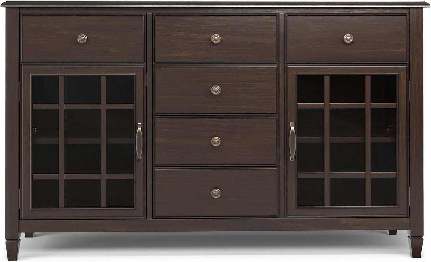 SIMPLIHOME Connaught Buffet - 60 inch Wide Solid Wood 3-Door Sideboard Buffet in Chestnut Brown, Traditional Storage Cabinet for Dining Room or Kitchen with Adjustable Shelves and Classic Molding