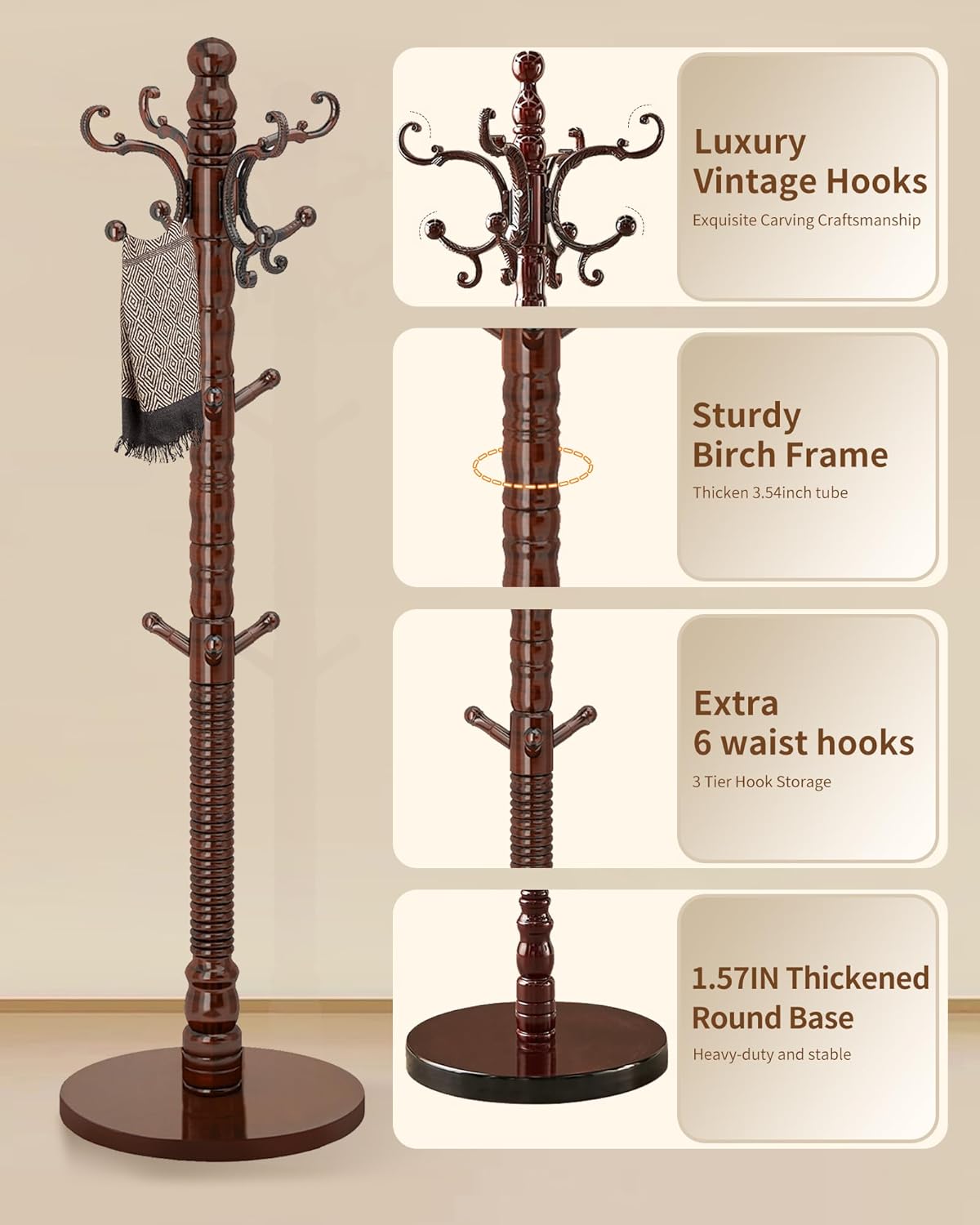 EZIVIEZ Wooden Coat Rack Stand, Solid Wood Freestanding Coat Rack, Vintage Coat Racks with 14 Hooks & Disc Base, Standing Coat Hanger Jacket Tree Stand for Office, Entryway, Hallway