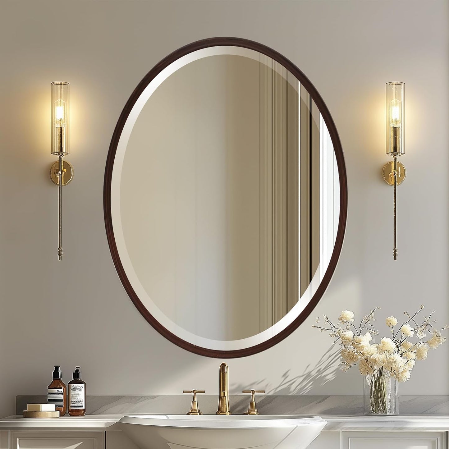 OVALCREST - Oval Wooden Beveled Wall Mirror for Home Decor, Bathroom, Vanity, Bedroom, Living Room, Hallway - London Style (Black Walnut) 31.1 x 41.1
