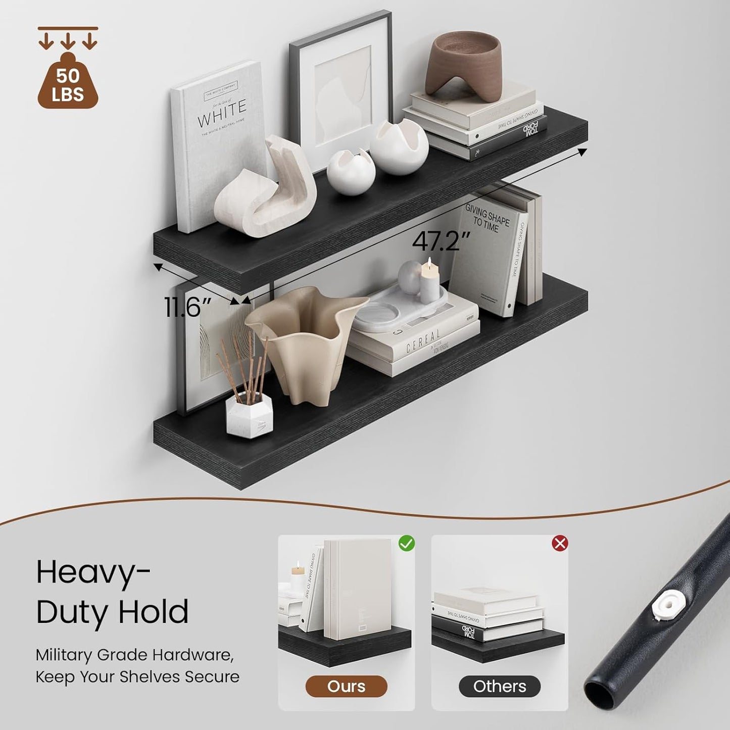 Heimlove 48W x 12D Long Floating Shelf, 12 Inch Deep Black Floating Shelves for Wall Set of 2, Wood Shelves for Bedroom Living Room Bathroom Kitchen Home Office, Wall Shelves with Heavy Duty Bracket