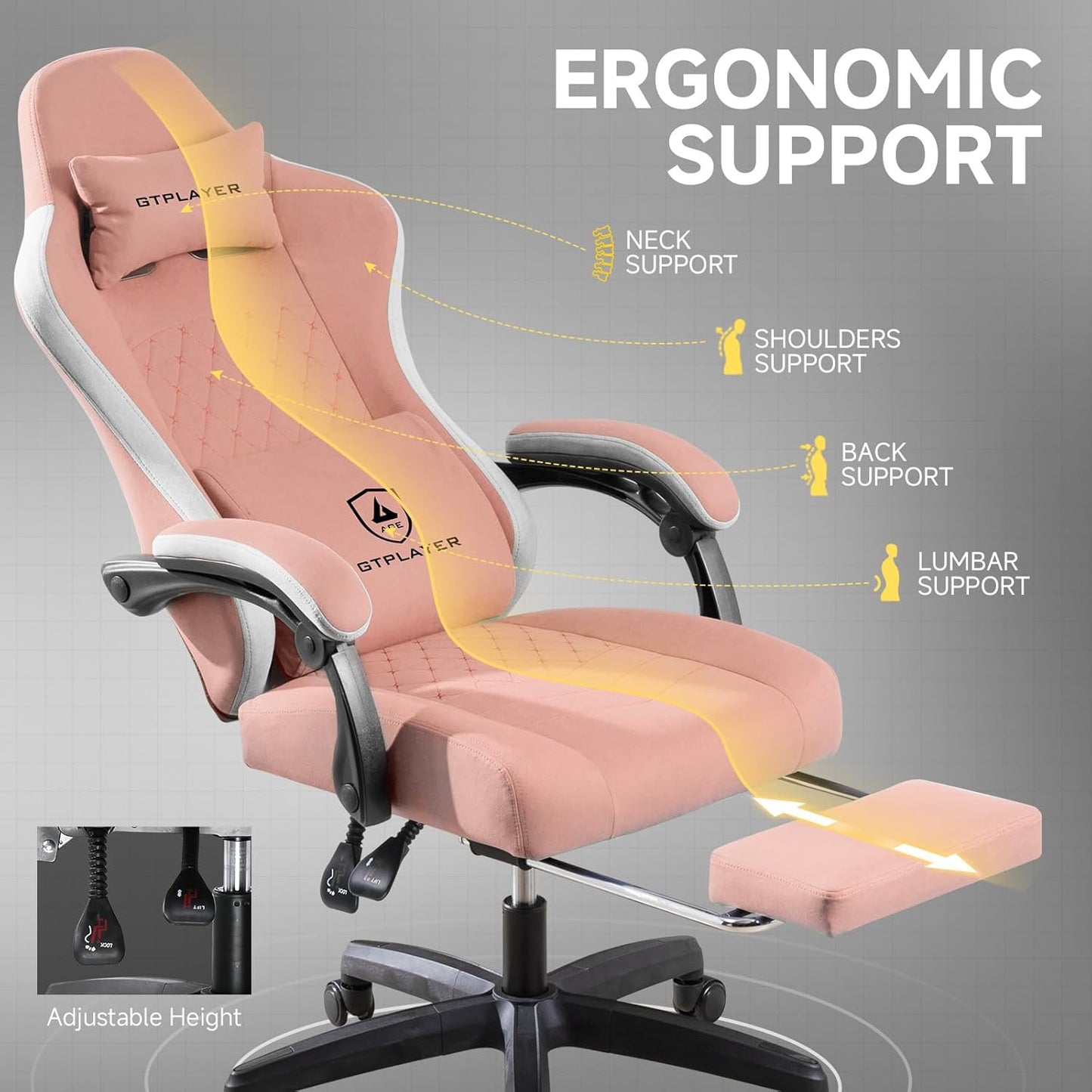 GTPLAYER Office Chair, Gaming Computer Desk Fabric Chair with Footrest, High Back Ergonomic Office Chair with Pocket Spring Lumbar Support and Linkage Armrests Adjustable Height Swivel for Home Task