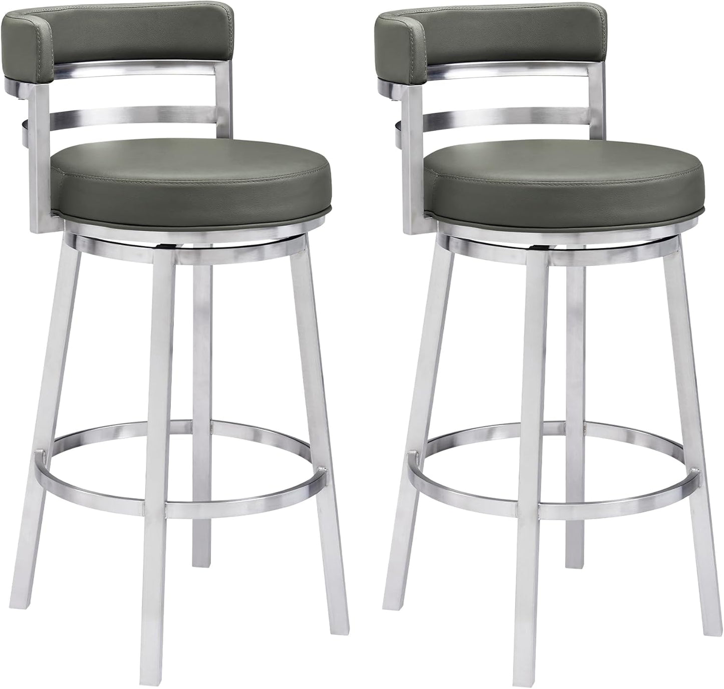 Armen Living Madrid 26" Counter, Set of 2 Height Swivel Modern Gray Faux Leather and Brushed Stainless Steel Bar Stool for Kitchen Island Counter, Set of 2