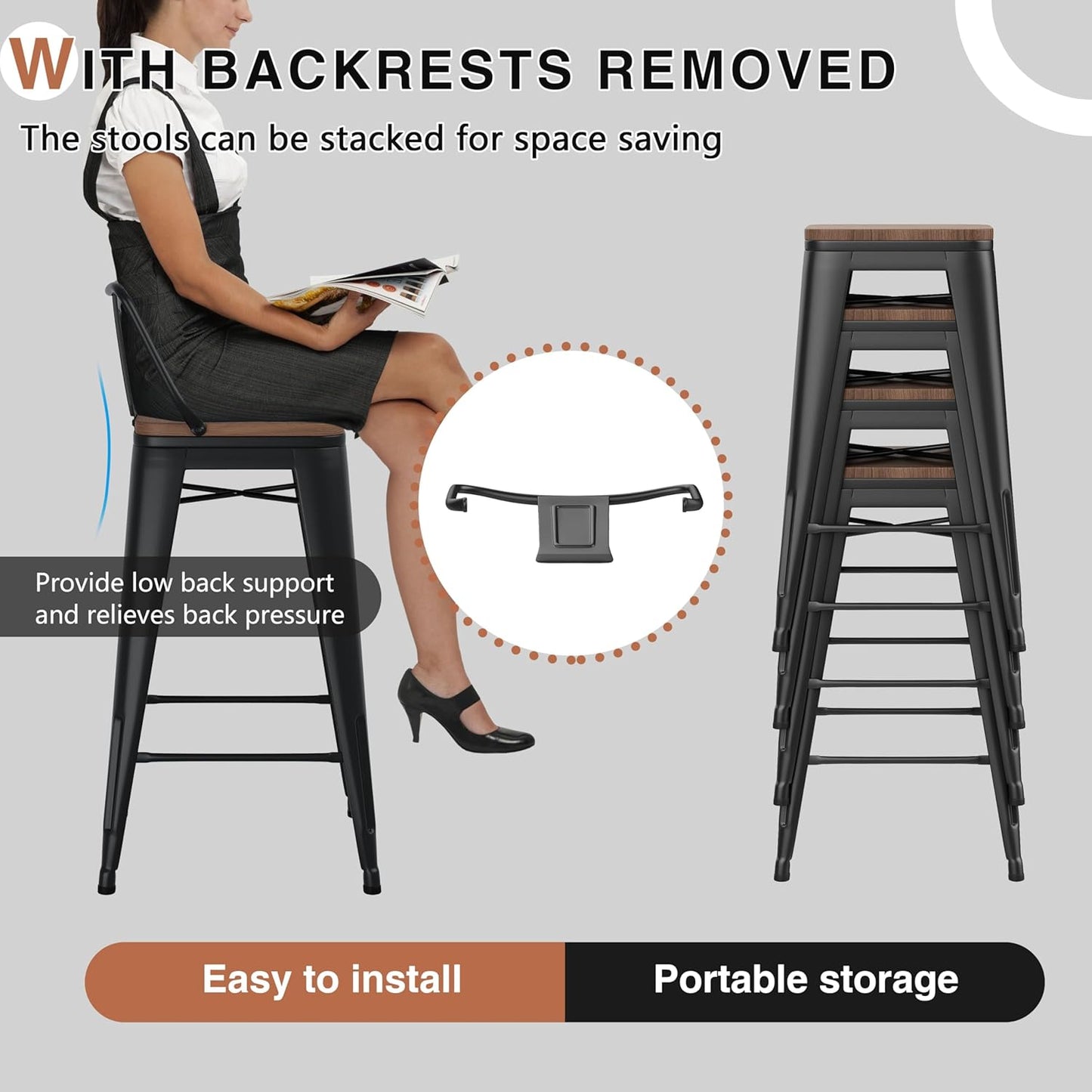 24 Inch Swivel Bar Stools Set of 2 with Backs Counter Height Industrial Metal Barstools Island Bar Chairs for Home Kitchen Dining Room (Swivel 24 inch,Matte Black Wooden)