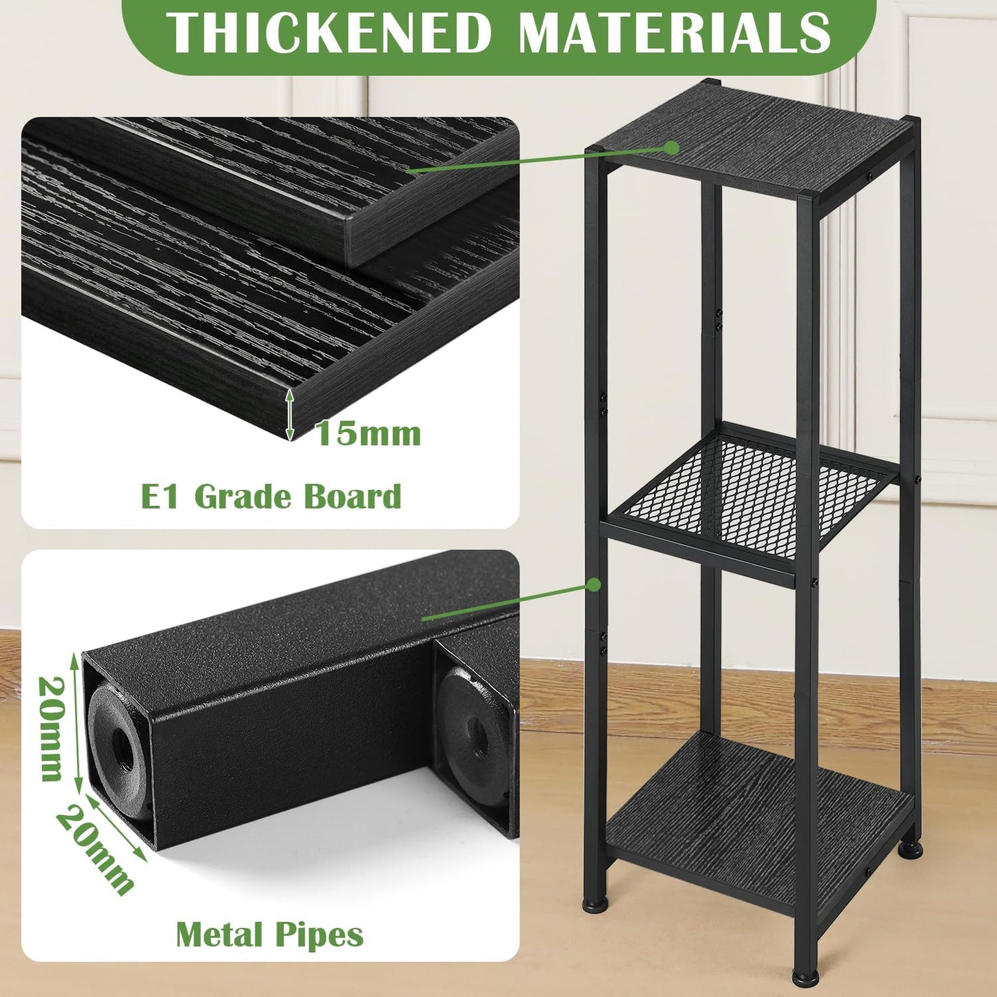 Extra Tall Plant Stand Indoor,40 Inch Plant Stands,3 Tier Metal Plant Stand with Heavy Duty Wood and Metal Mesh Shelf,Black