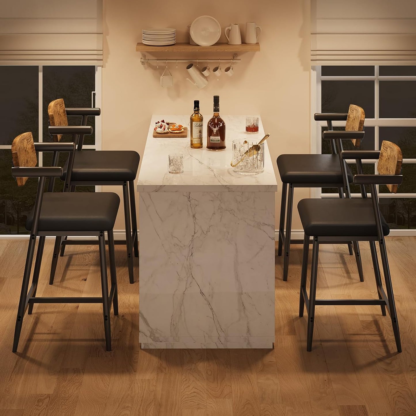 GarveeHome Counter Height Bar Stools Set of 2 with Arms, 26" Upholstered Modern Bar Stools Set with Wood Back & Footrest for Kitchen Island, Counter Bar, Wider Seat, Easy Assembly, Retro Brown